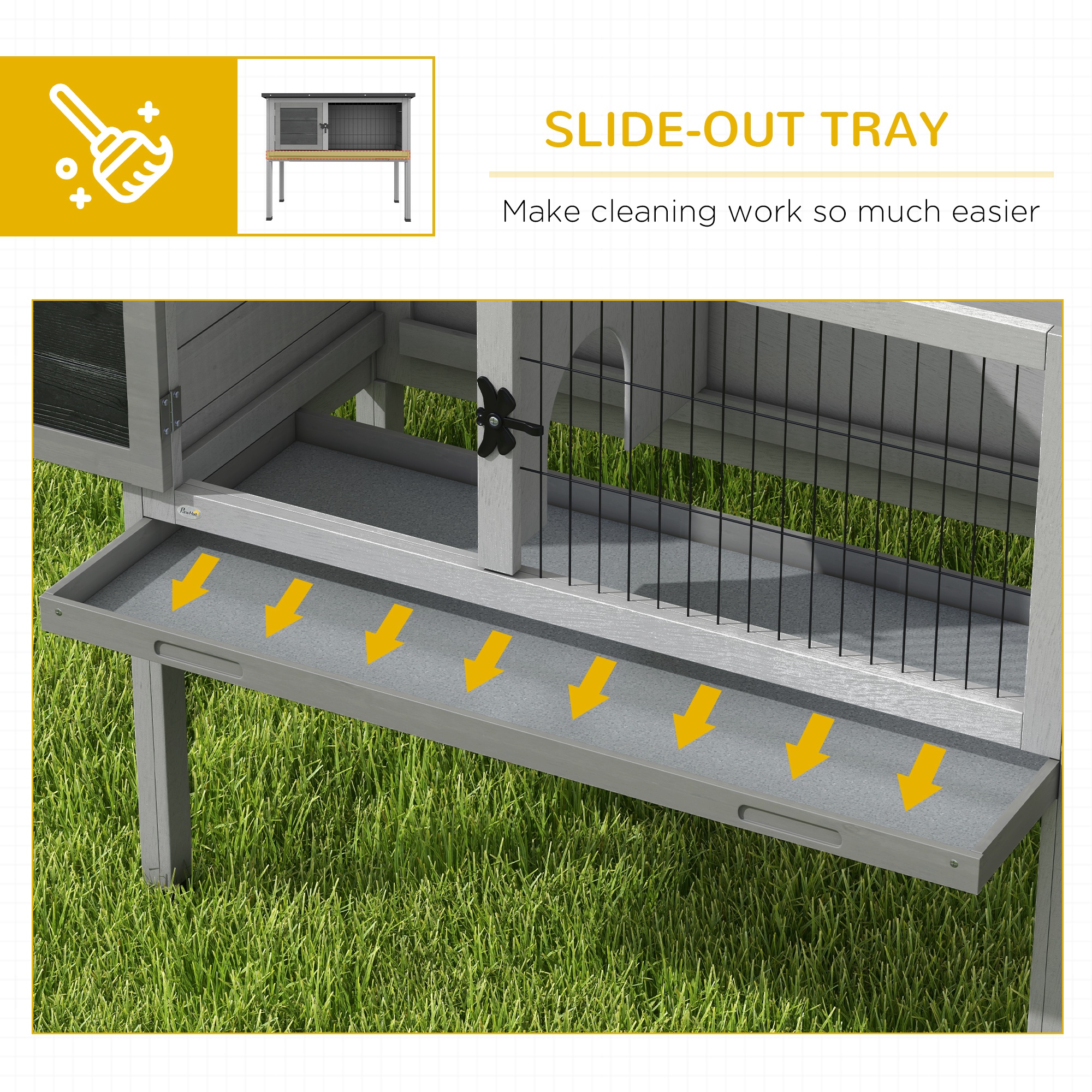 PawHut Wooden Guinea Pig Hutch, Small Animal Cage with Slide-out Tray, Openable Asphalt Roof, 84 x 43 x 70cm, Grey 6