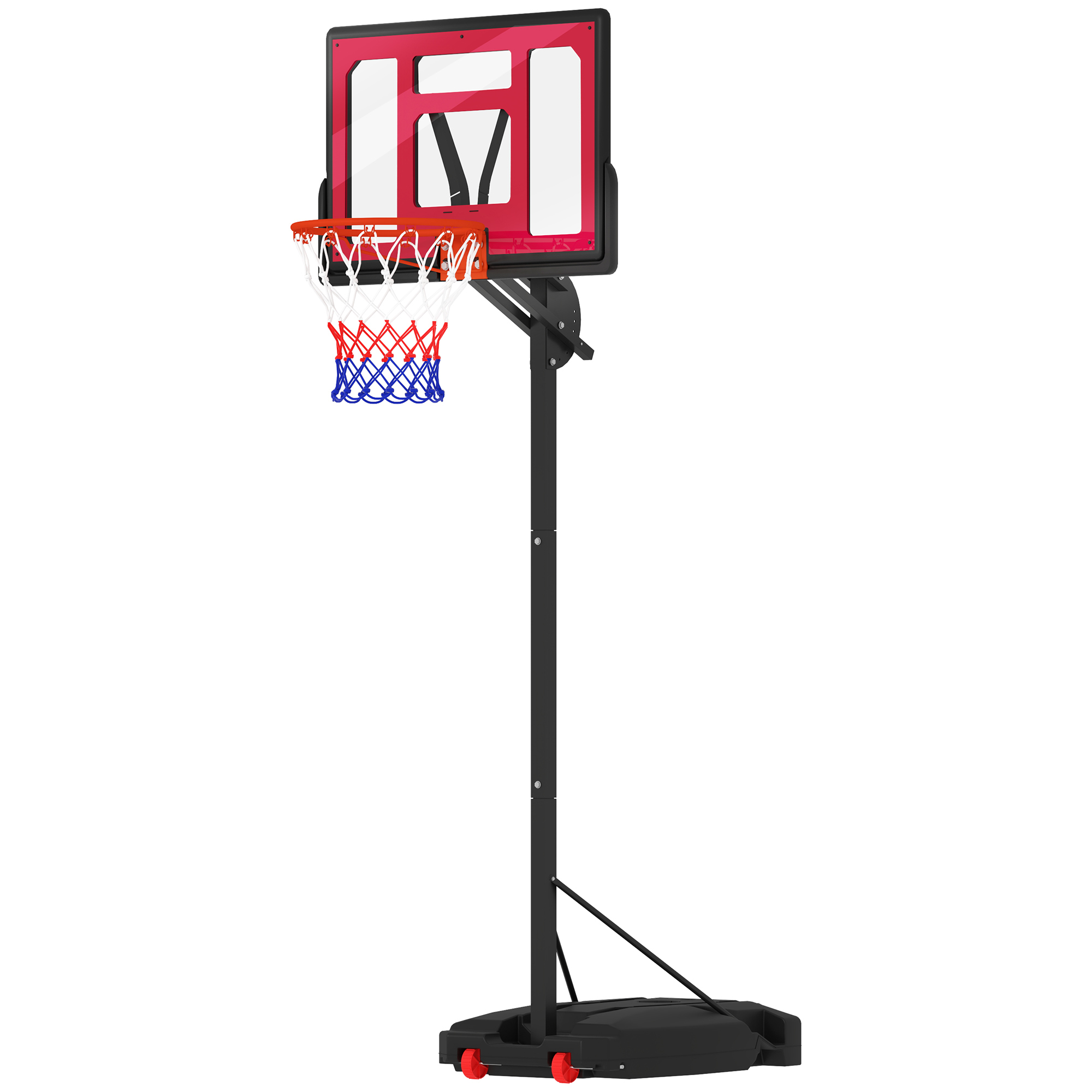 AIYAPLAY Canasta de Baloncesto Infantil con Altura Ajustable 200-260 cm Ruedas Base Rellenable y Bolsa de Peso Rojo y Negro