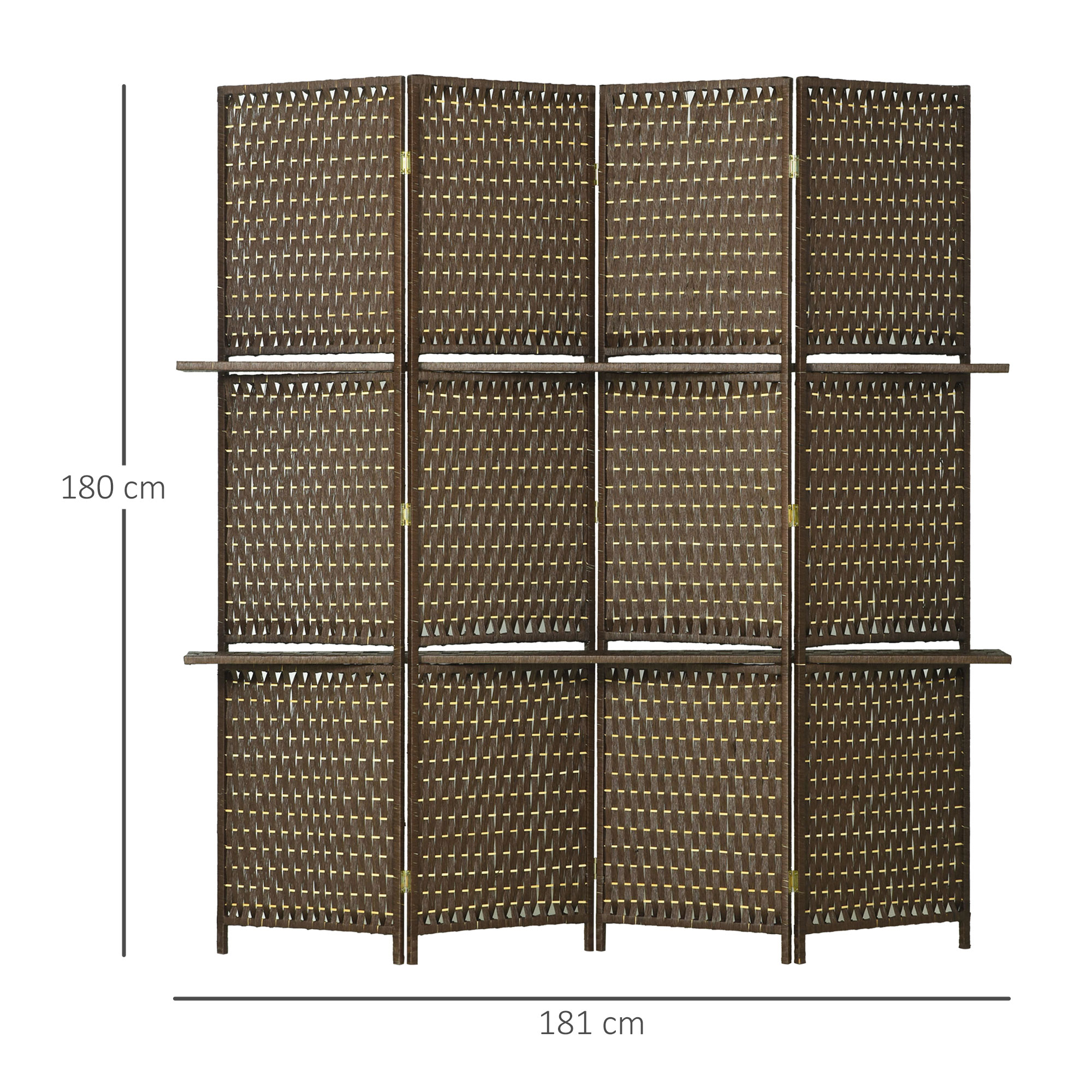 HOMCOM 4-Panel Room Dividers with Shelves, Wave Fibre Freestanding Folding Privacy Screen Panels, Partition Wall Divider for Indoor Bedroom Office, 180 cm, Brown 3