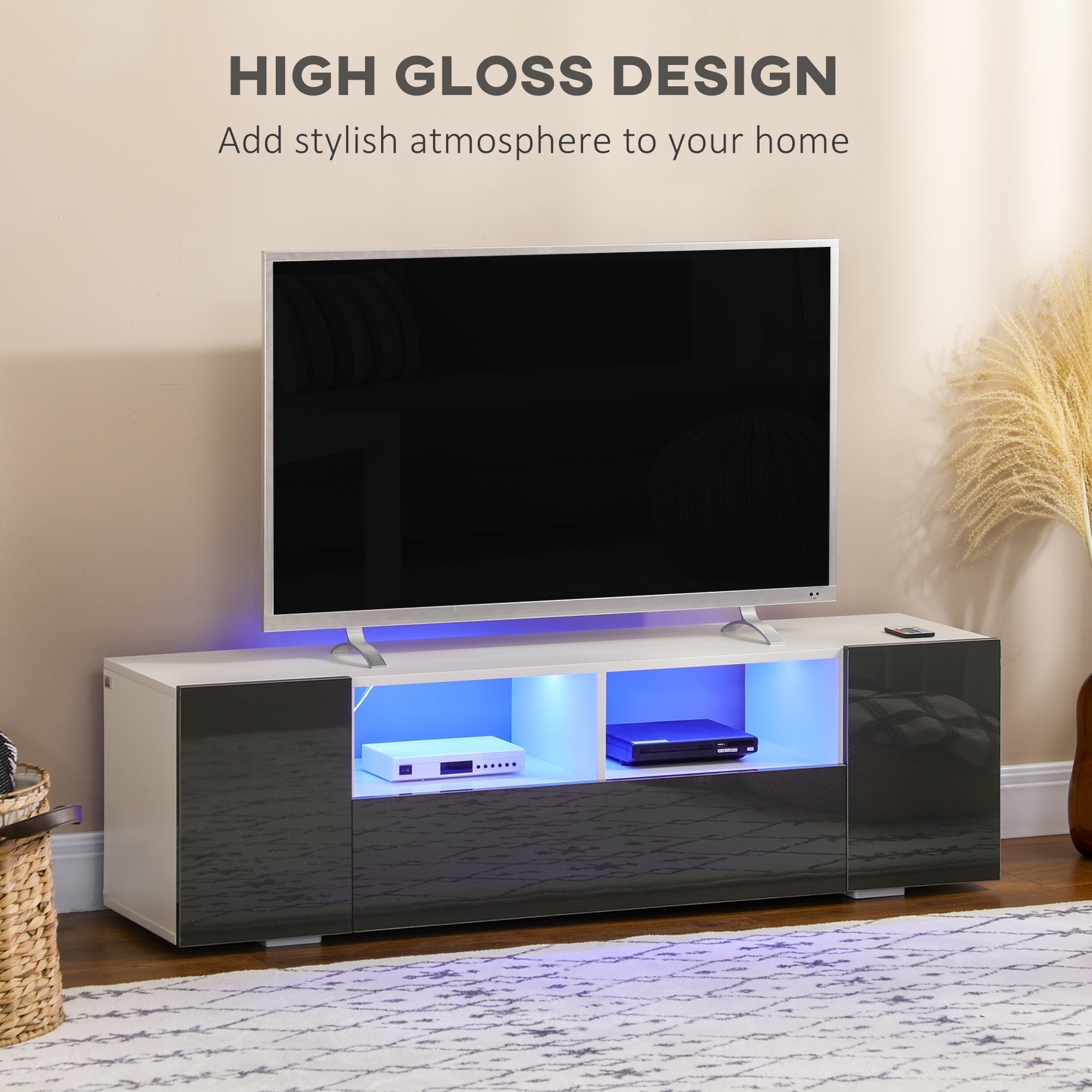 HOMCOM 16 LED Light TV Stand, with Storage High Gloss Grey 4