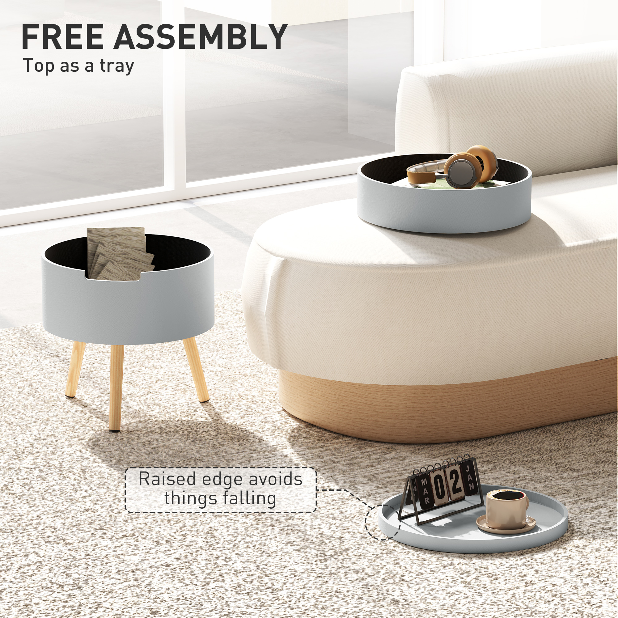 HOMCOM 3-Tier Coffee Table, Round End Table with 2 Hidden Compartments and Detachable Tray, Side Table with Storage for Living Room, Grey 4