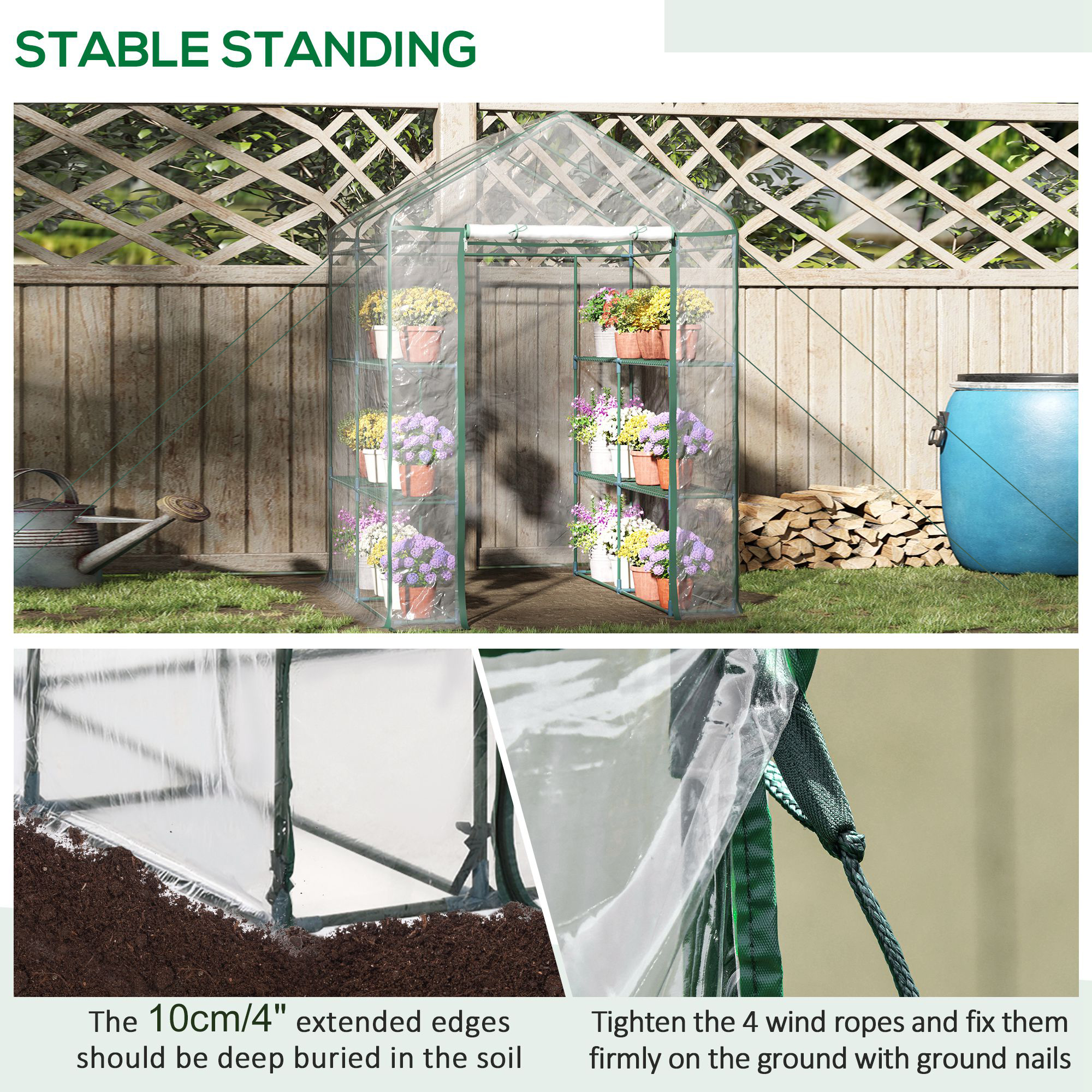 Outsunny Walk in Greenhouse with 3-Tier 8 Shelves, Green House with Hemmed Cover, Roll-up Zipped Door, Steel Frame, 143 x 143 x 195cm 5