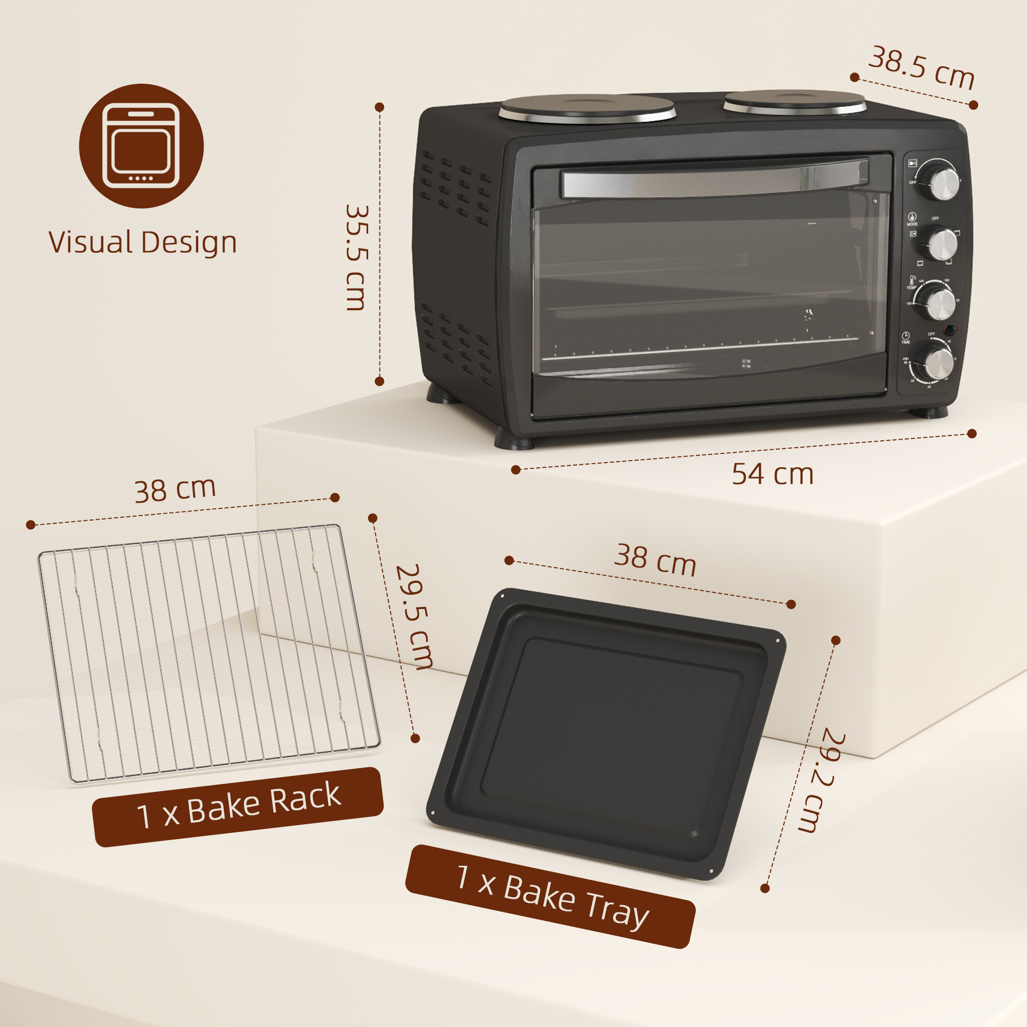 HOMCOM 36L Small Oven with 2 Hot Plates, Countertop Toaster Oven, Grill, Roast, Bake, Boil, with Timer, Adjustable Temperature, Electric Oven with Baking Tray, Grill Rack, Crumb Tray, 2600W, Black 3