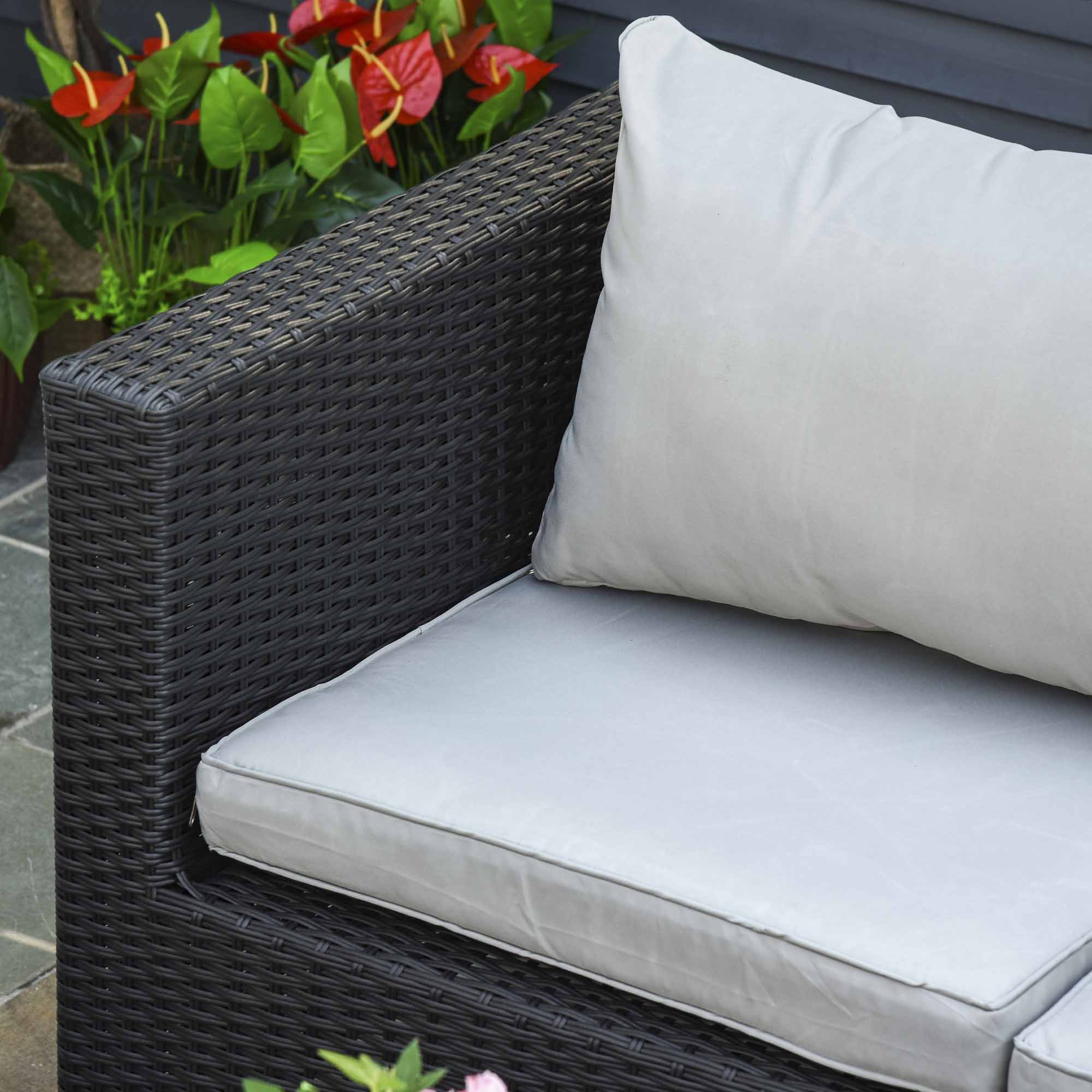 Outsunny 8 Pieces PE Rattan Sofa Set with Cushions, Garden Corner Sofa with 4 Seater Sofa, 2 Footstools and 2 Coffee Table Set, Space-saving Design, No Assembly Required, Black 8