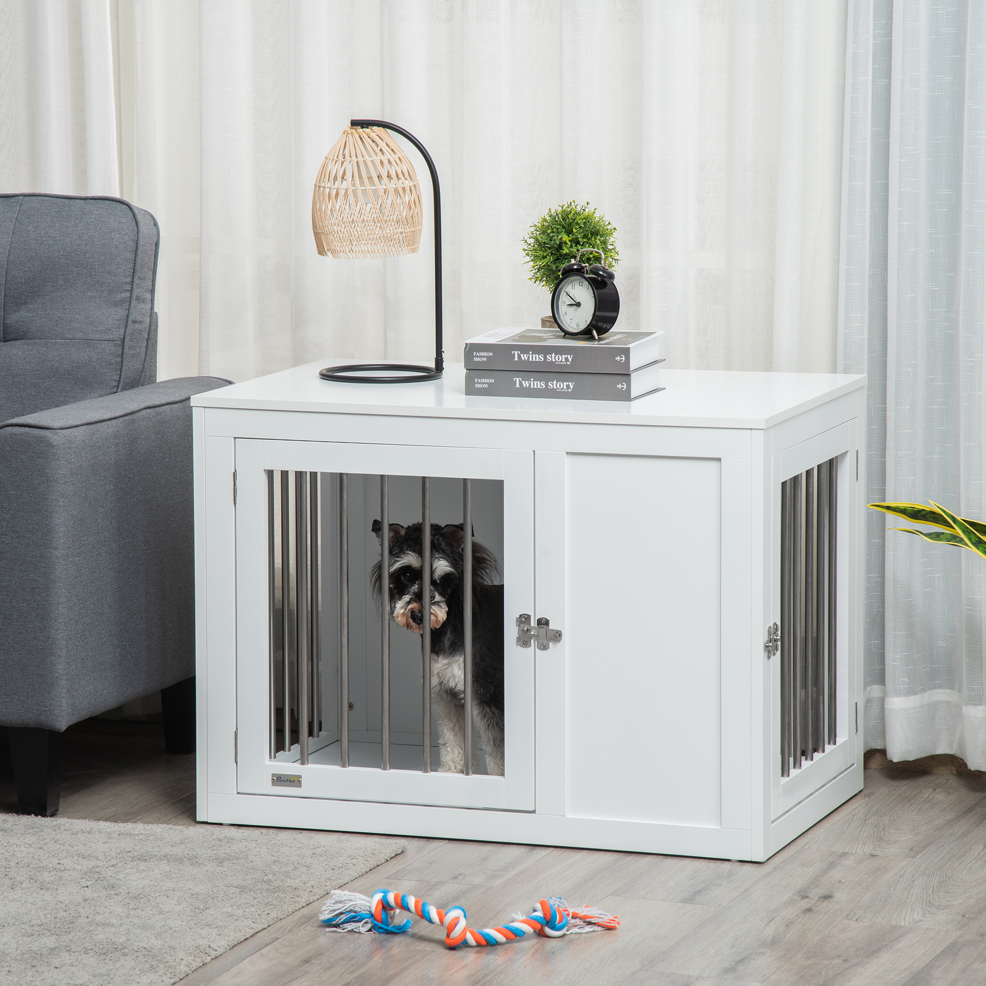 PawHut 2-in-1 Dog Cage and Side Table, with Two Lockable Doors, for Medium Dogs White 2