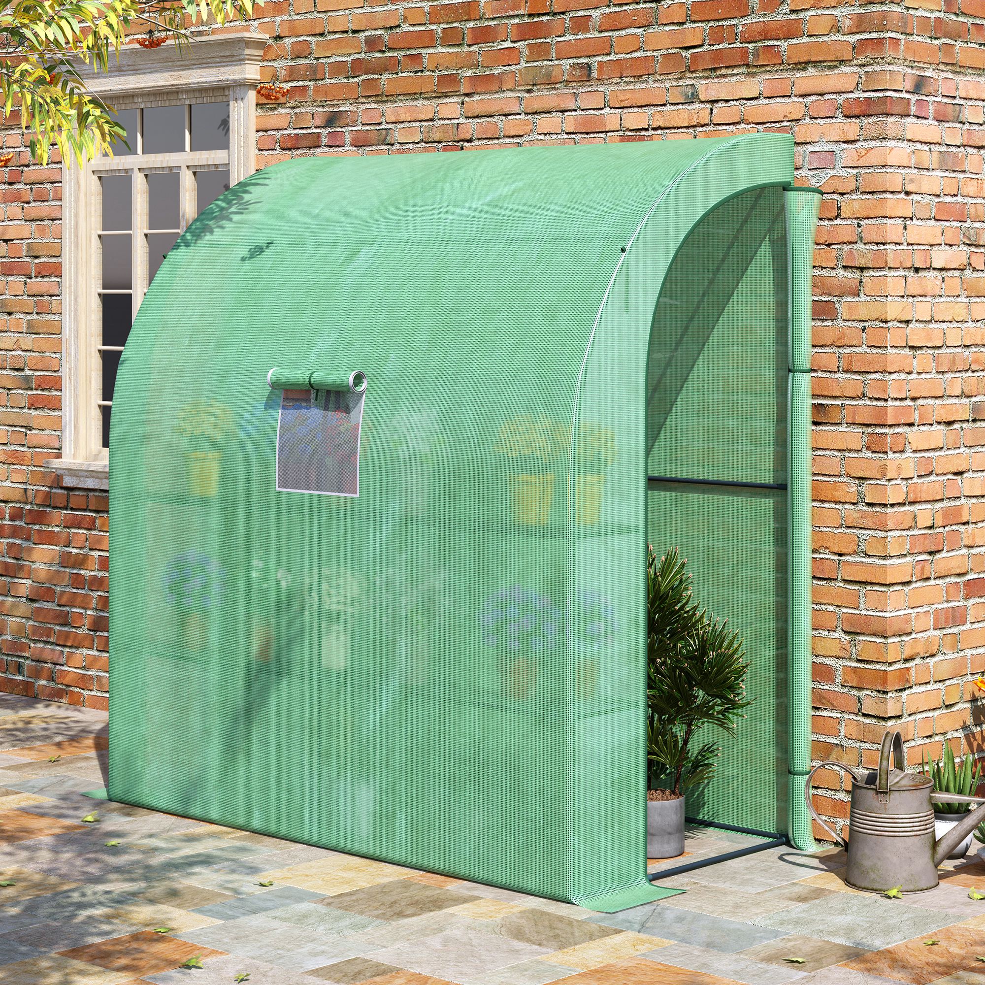 Outsunny Walk-In Lean to Wall Greenhouse with Windows and Doors, Outdoor Green House with 3 Tiers 4 Wired Shelves, 200L x 100W x 215Hcm, Green 2