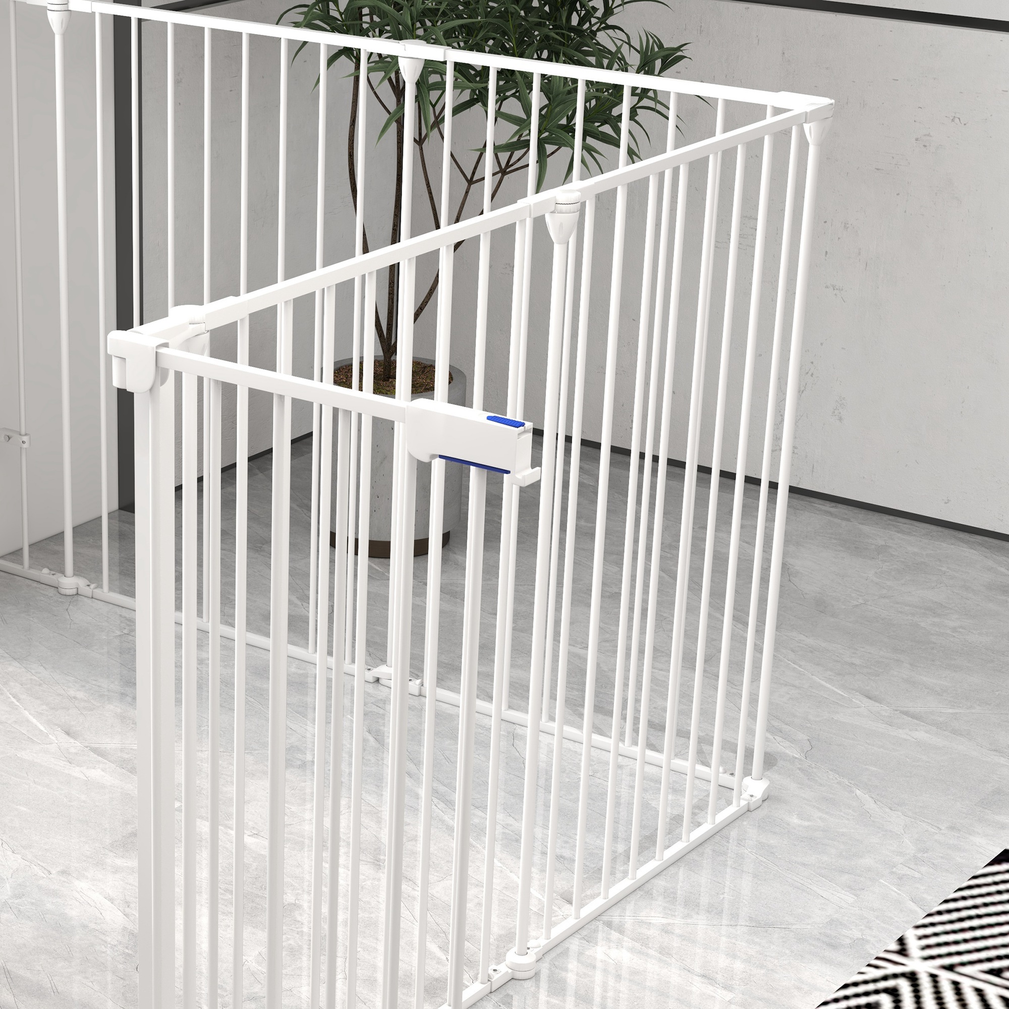 2-ühes kutsika mänguaedik ja turvavärav, 8 paneeli, lukustatav uks, terasest, 90 cm kõrge, valge