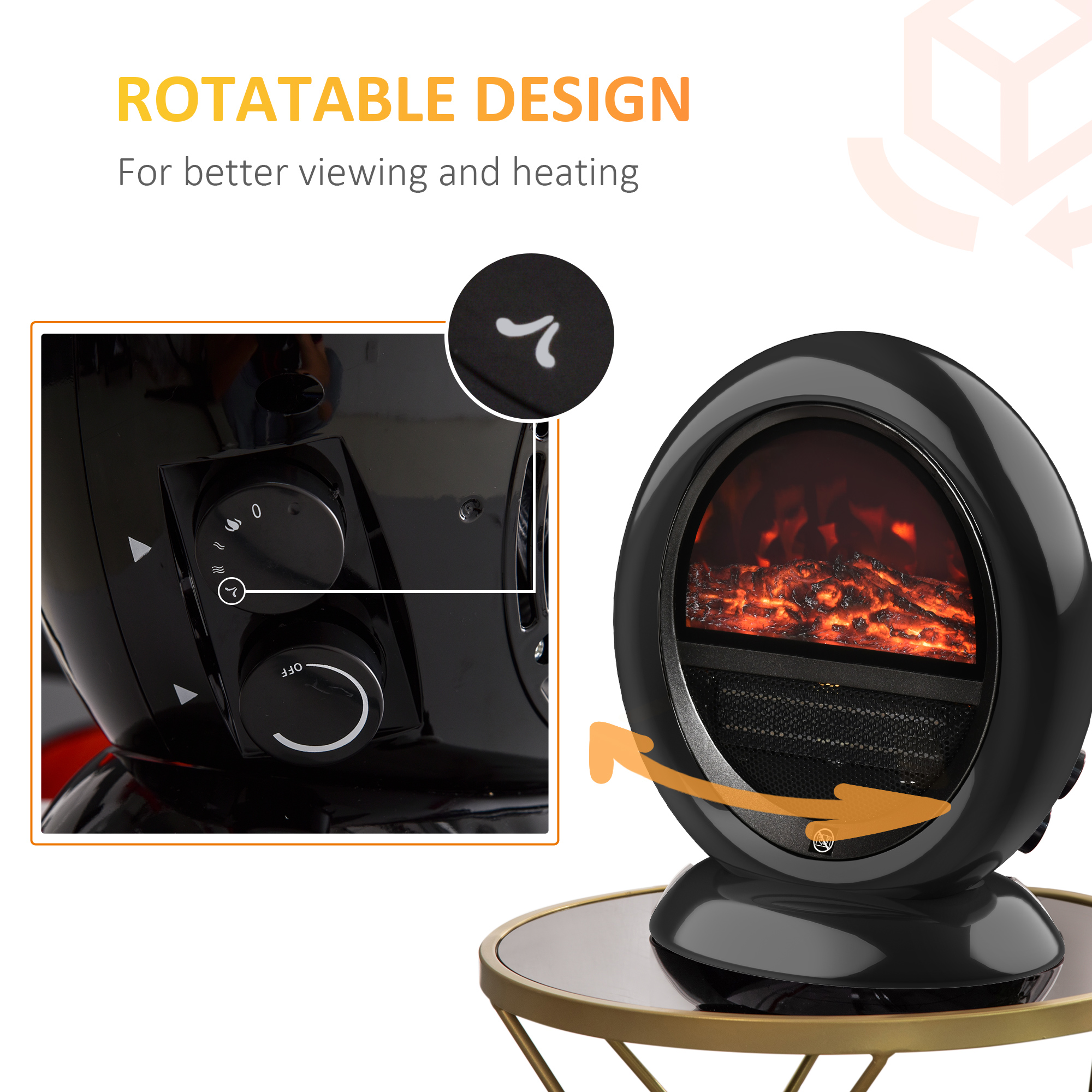 HOMCOM Freestanding Electric Fireplace Indoor Space Table Top Heater with Realistic Flame Effect, Rotatable Head, Overheating Protection, 1500W, Black 5