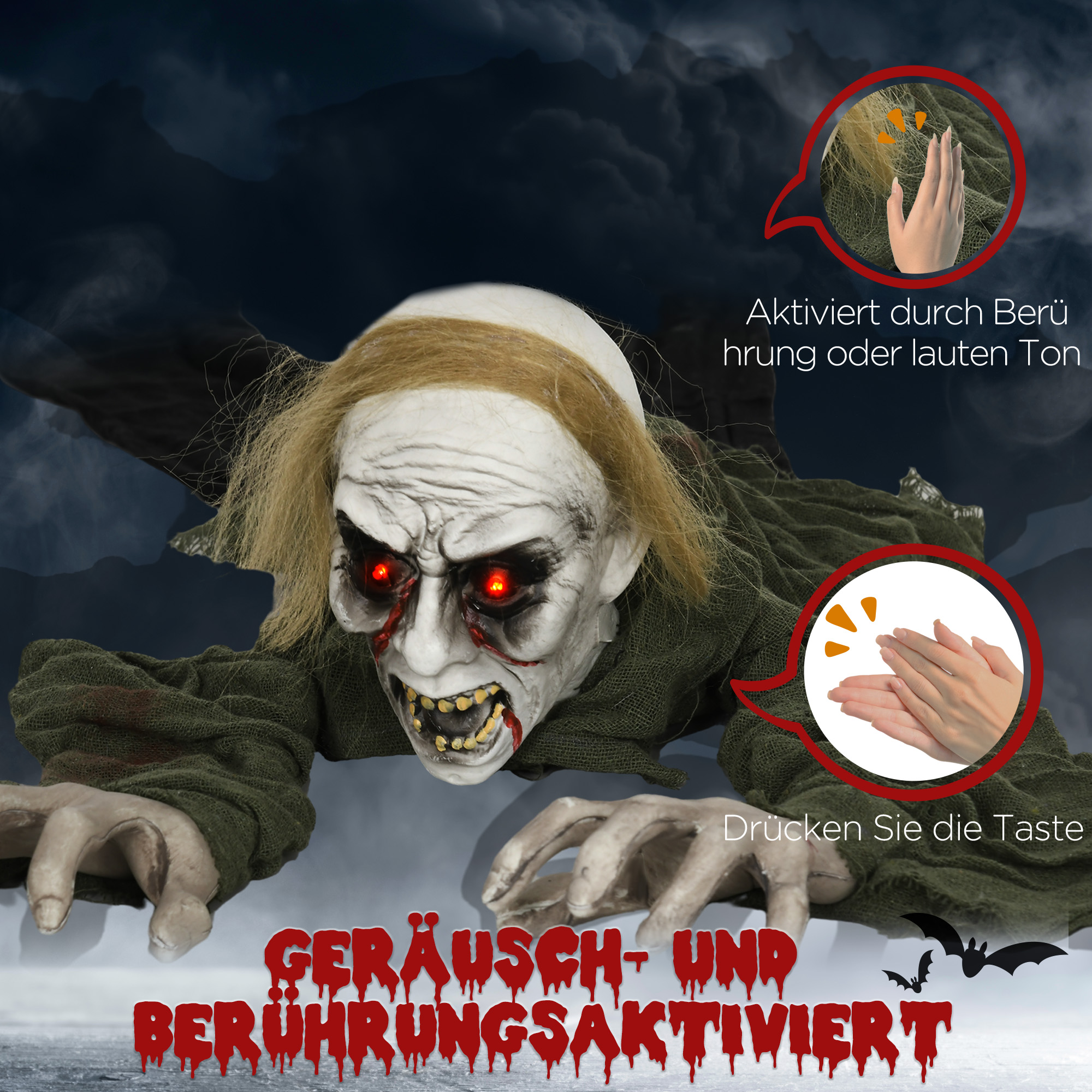 HOMCOM Halloweendekoration, kriechender Zombie, aktiviert durch  Berhrung/Gerusche, leuchtende Augen | Aosom.de