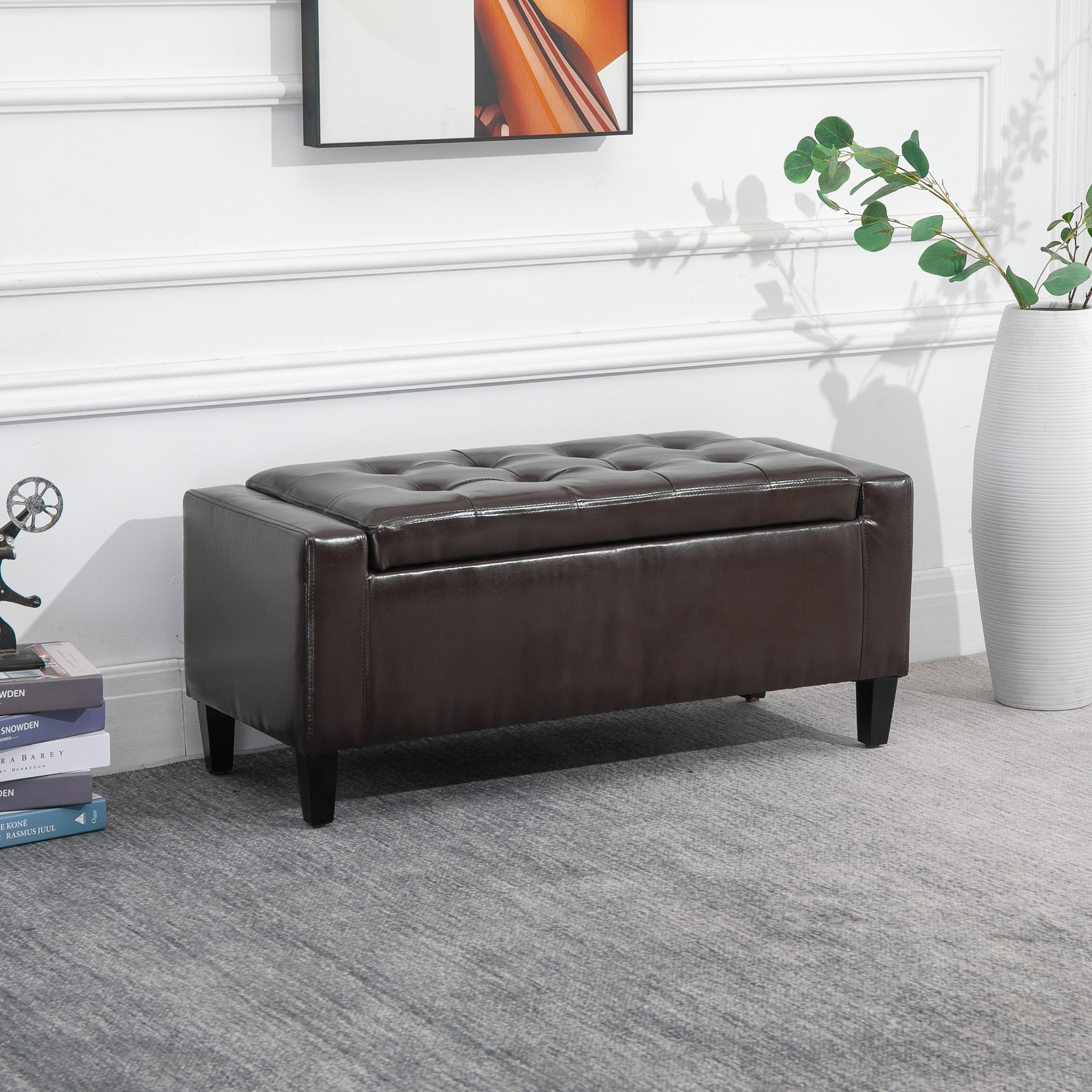 HOMCOM PU Leather Storage Ottoman Bench Storage Chest Tufted Ottoman Cube w/ Flipping Top 92L x 40W x 40H cm Brown 2