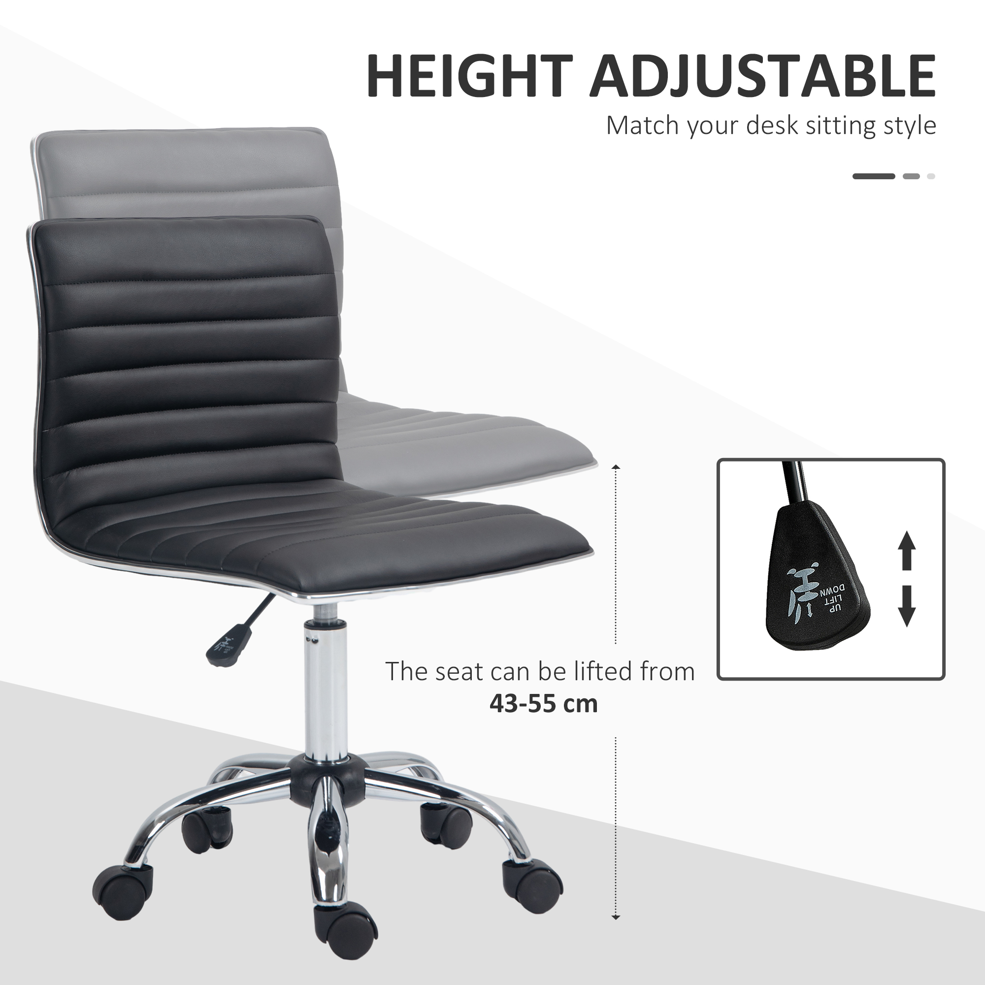HOMCOM Armless Task Desk Chair, Swivel Office Chair with Faux Leather, Adjustable Seat Height, Chrome Base, Wheels for Home, Black 4