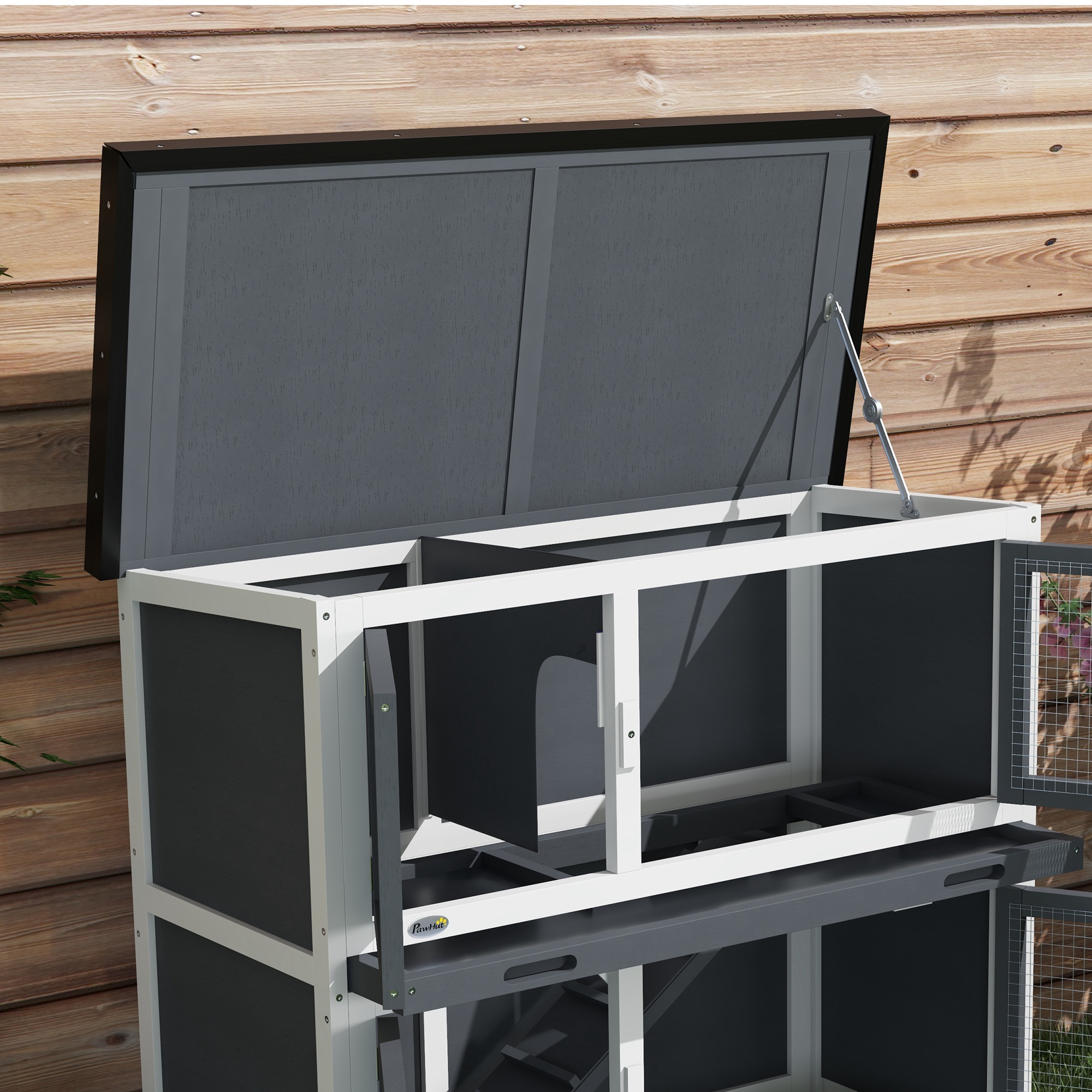 PawHut Double Decker Rabbit Hutch 2 Tier Guinea Pig House Pet Cage Outdoor with Sliding-out Tray, 100 x 47 x 91cm, Grey 9
