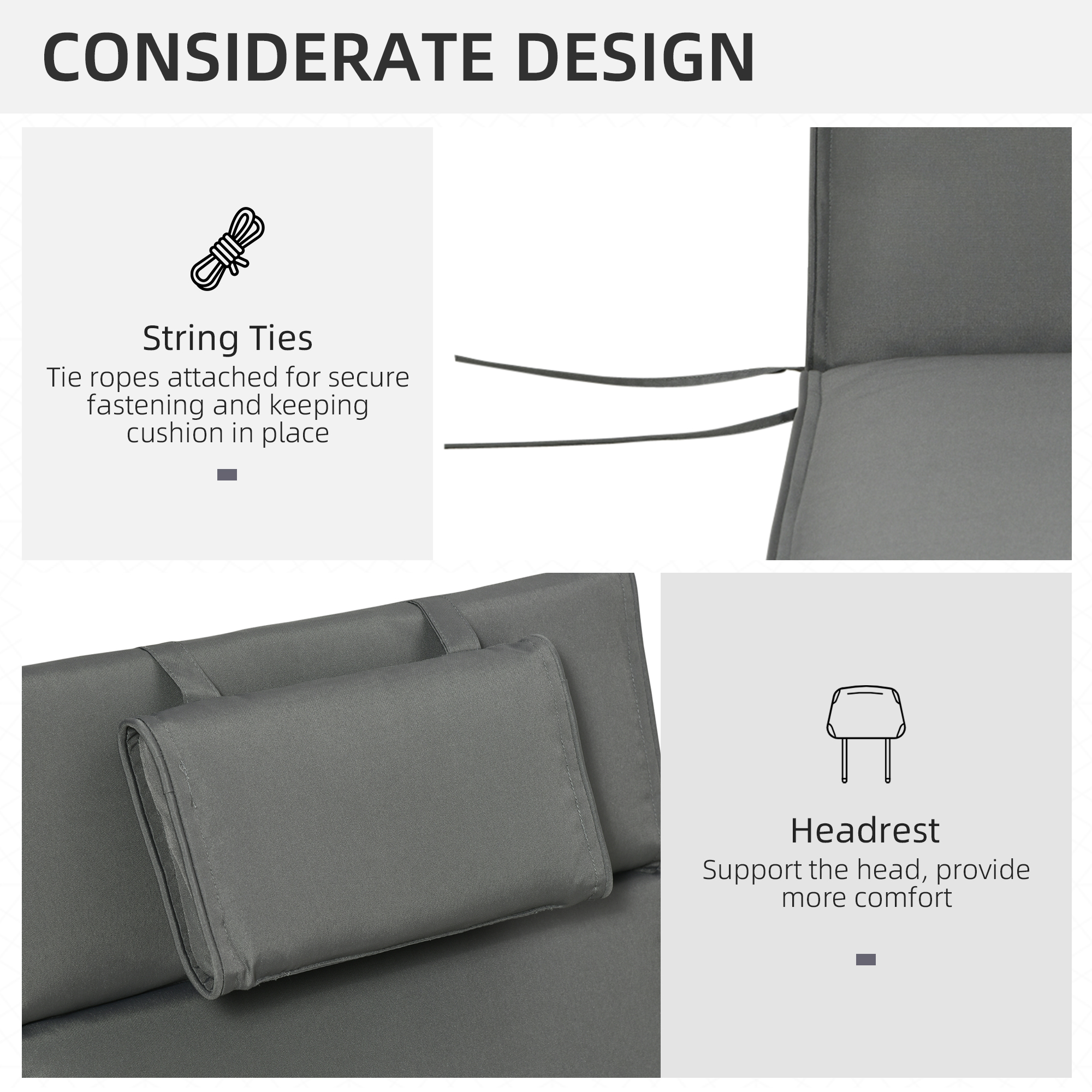 Outsunny Garden Sun Lounger Cushion Replacement Soft Sunbed Reclining Chair Relaxer Pad with Pillow, Cushion ONLY Grey 5