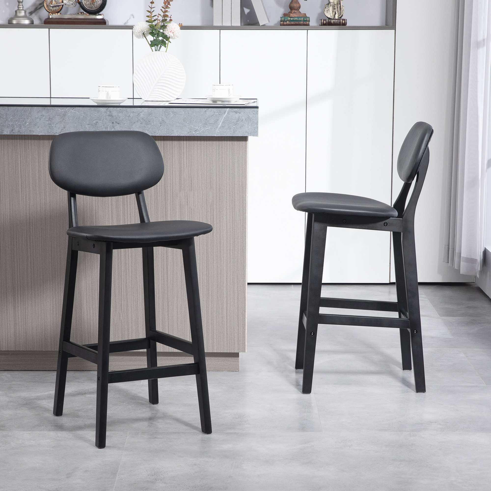 HOMCOM Set of Two Wooden Classic Bar Stools, with Faux Leather Seats Black 8
