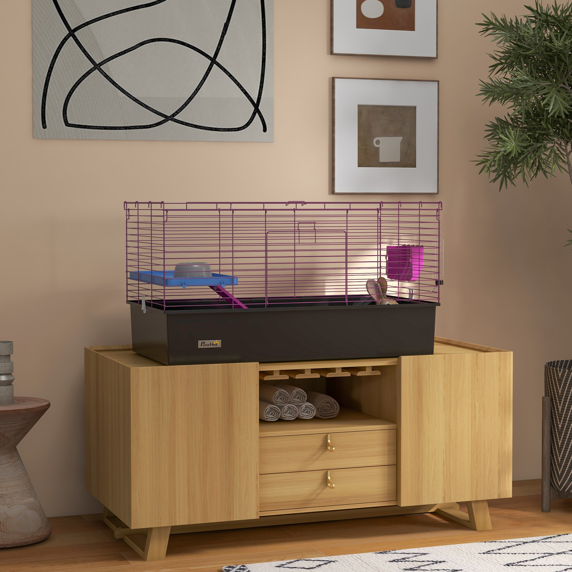 PawHut Chinchillas Small Rabbit Guinea Pig Small Animal Cage, Pet Playhouse, with Platform, Ramp, 99 x 52 x 53cm, Black 2