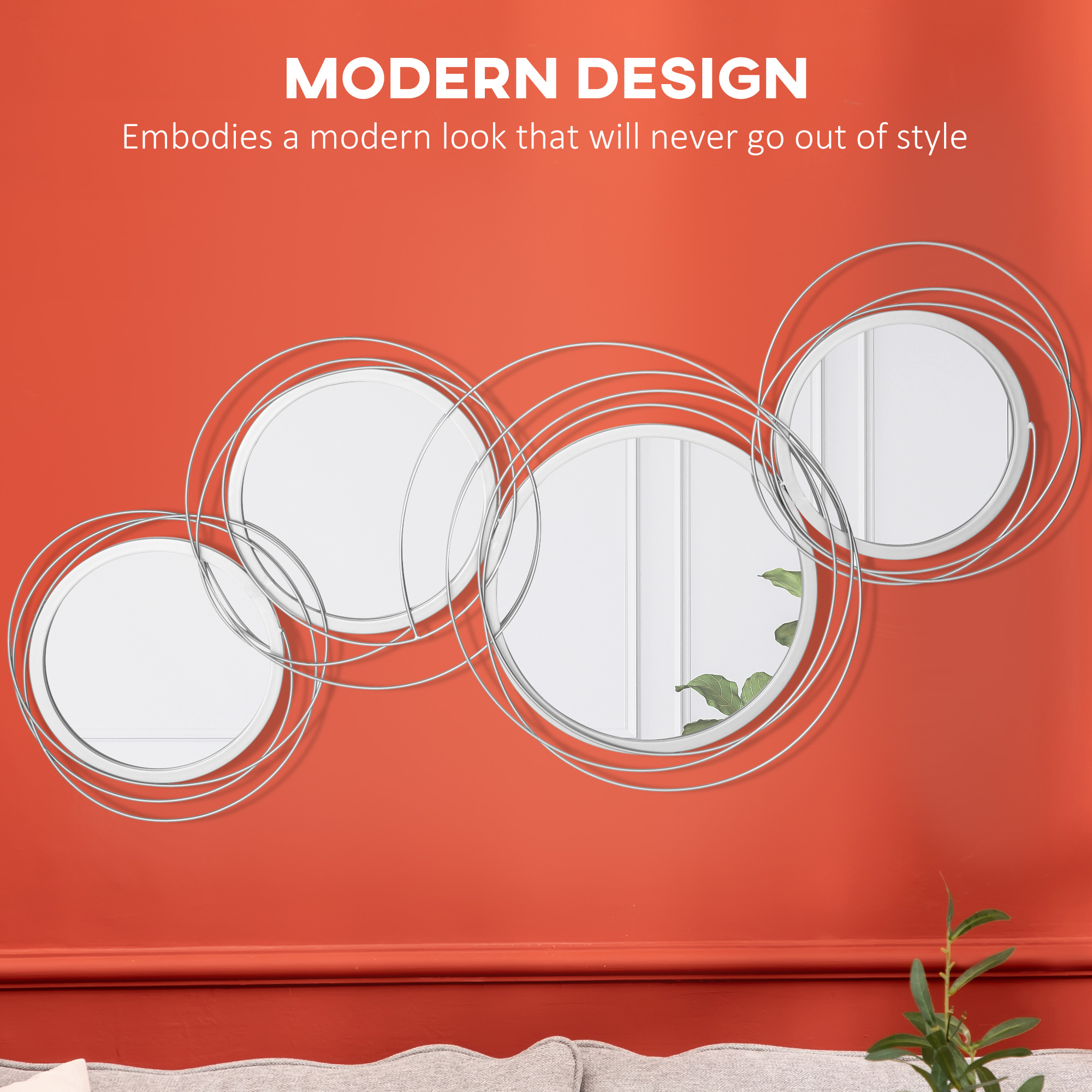 HOMCOM Metal Wall Mirrors, 107cm Modern Decorative Silver Mirror Decor Hanging, Home Wall Sculptures for Living Room Bedroom Dining Room 4