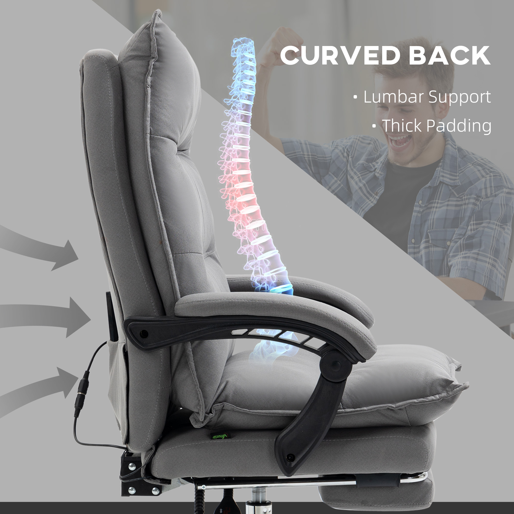 Vinsetto Massage Office Chair with Footrest, Desk Chair with 6 Point Massage and Heat, 155° Reclining Back for Home, Thick Padding, Grey 5