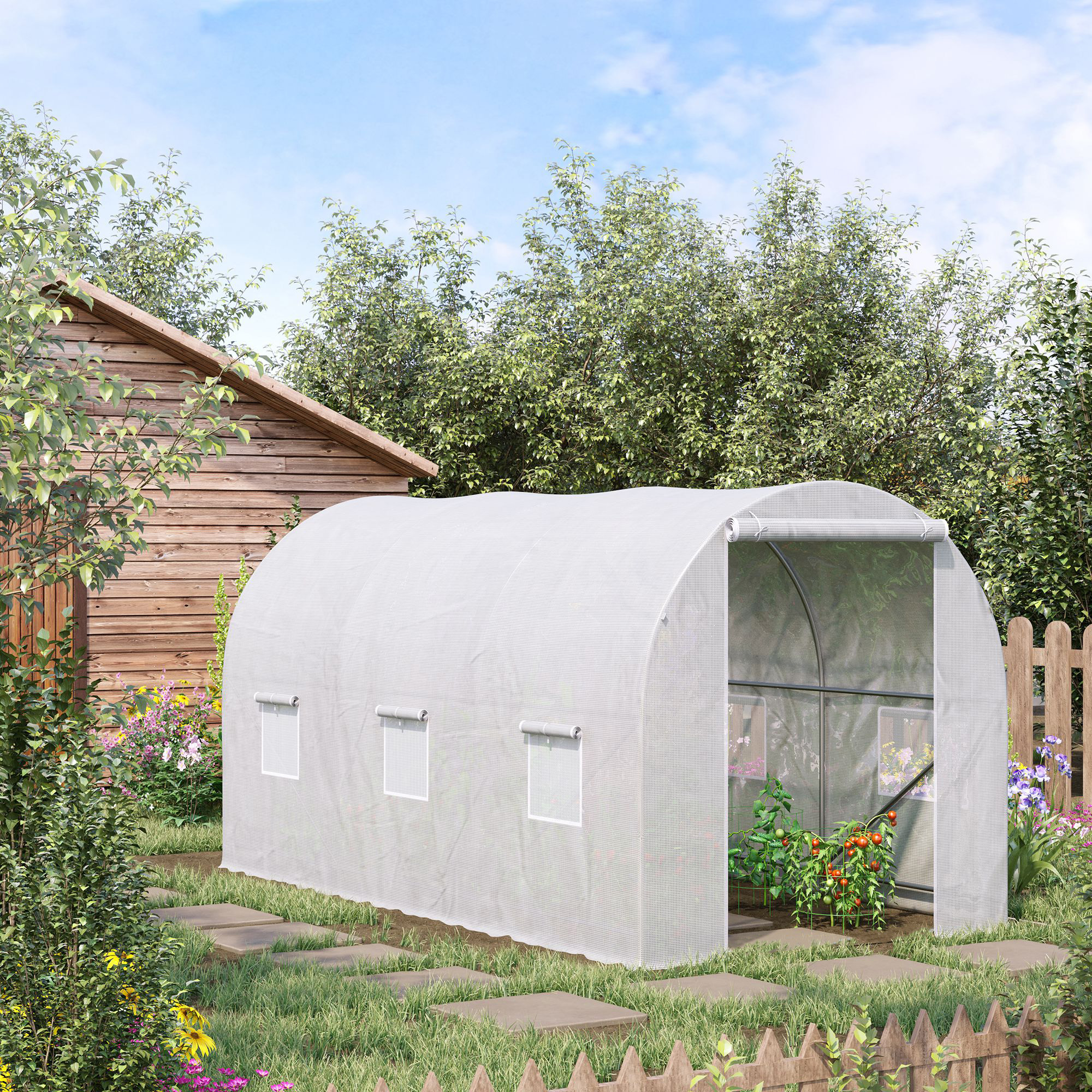 Outsunny 3.5 x 2 x 2 m Polytunnel Greenhouse, Walk-in Green House for Garden with Mesh Windows, Galvanised Steel Frame, White 2