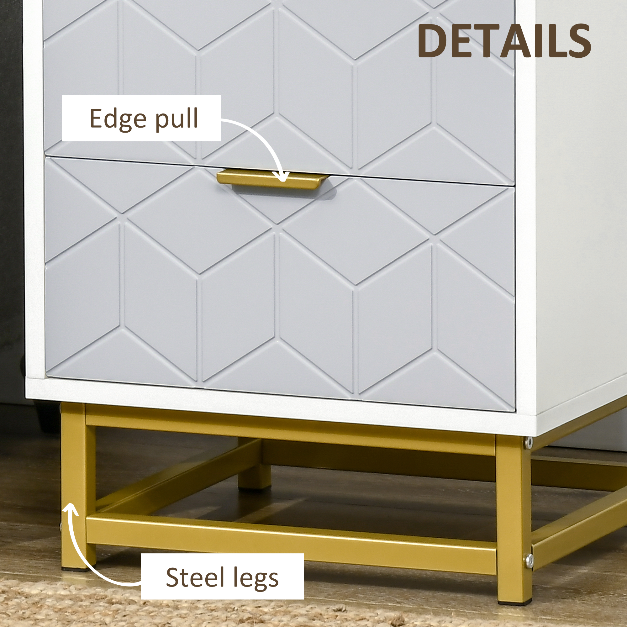 HOMCOM Bedside Table with 2 Drawers, Side Table, Bedside Cabinet with Steel Frame for Living Room, Bedroom, Grey and White 6