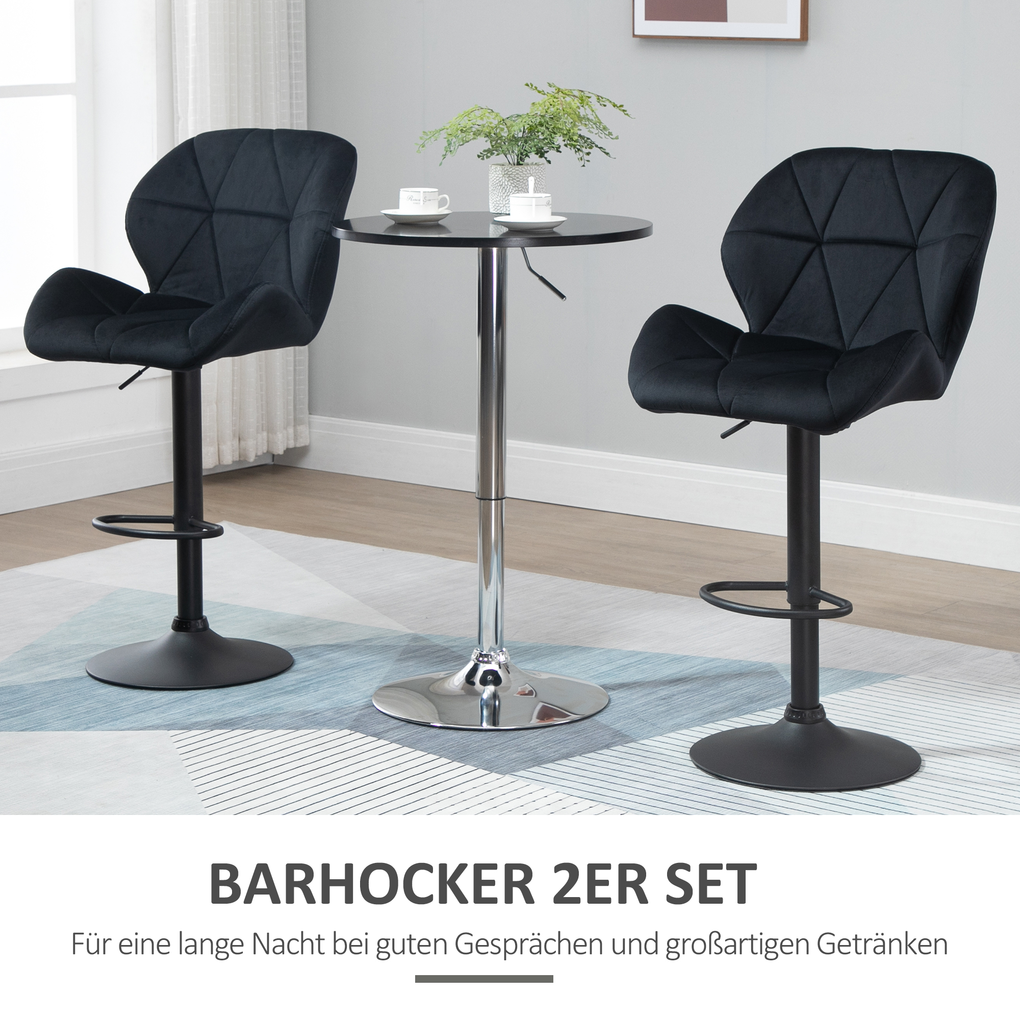 Komplekt 2 baaritooli, pöörlevad baaritoolid seljatoega, kõrgusega reguleeritavad bistrootoolid, baaritoolid, sametine viimistlus, käetugedeta poroloon, must, 51,5 x 57,5 ​​x 93-114,5 cm