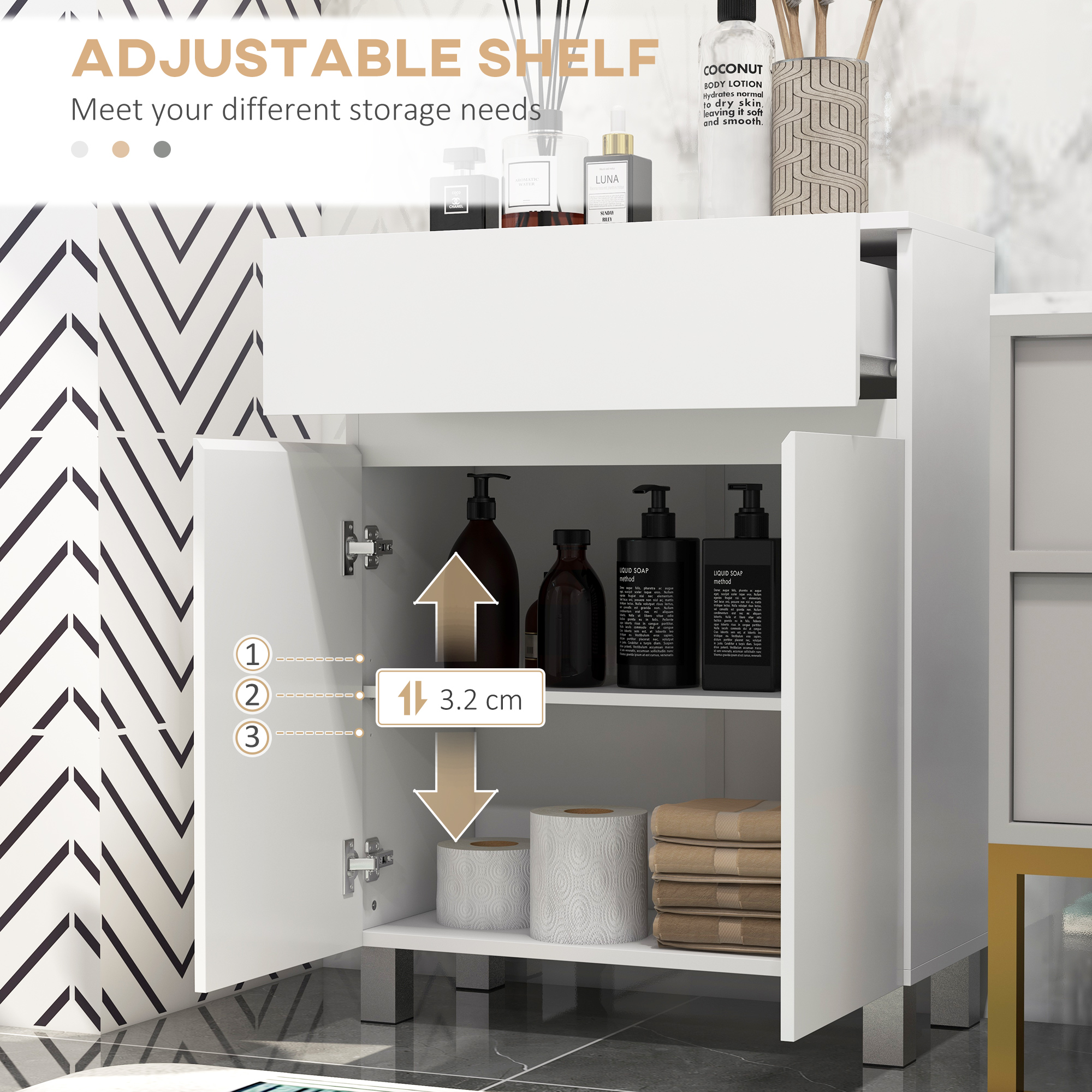 kleankin Freestanding Bathroom Cabinet, High Gloss Storage Cabinet with Doors and Adjustable Shelf, 60 x 30 x 80 cm, White 5