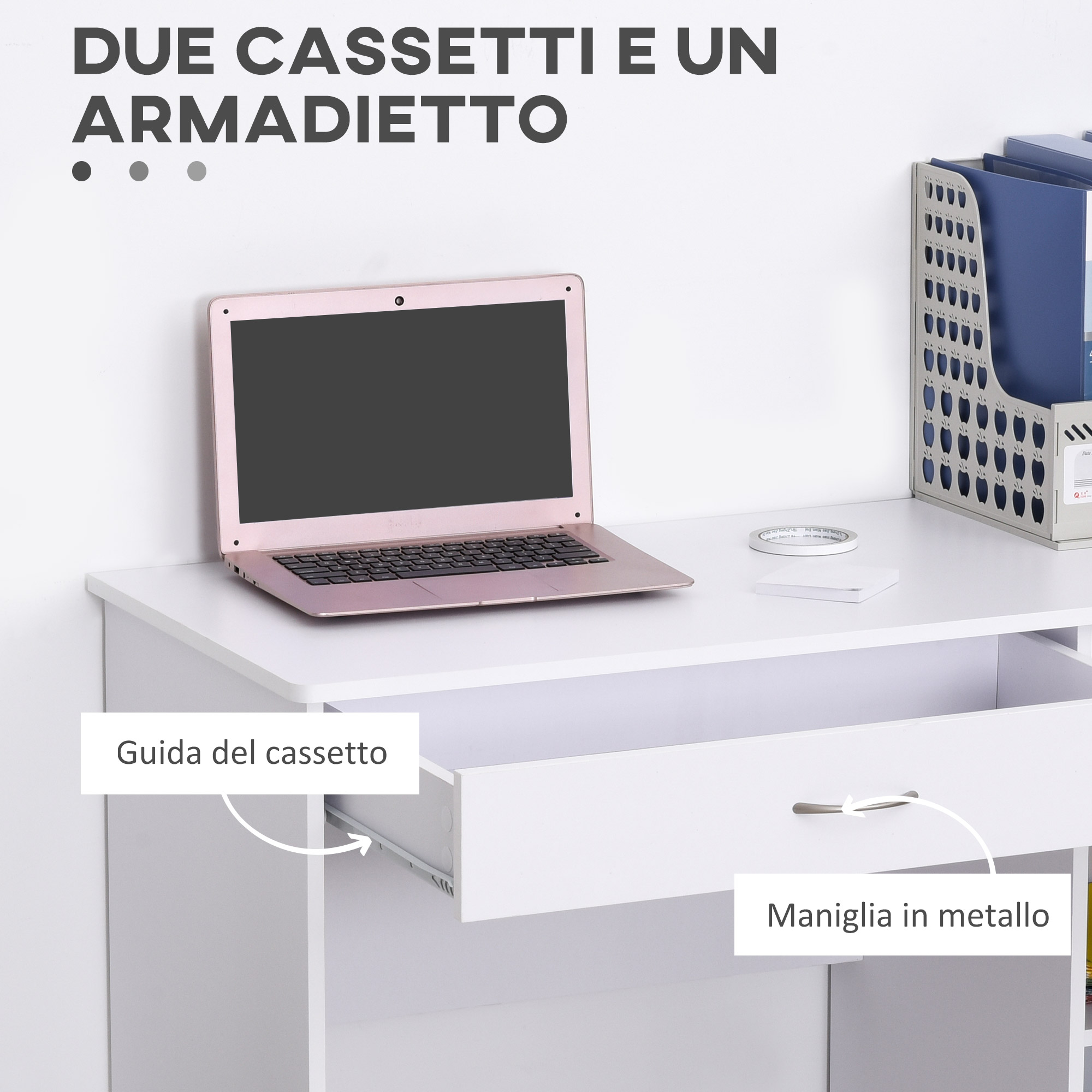 WOHOMO Scrivania Bianca Con Cassetti In Tessuto, 80x40x75 Cm, Piccola Per Computer, Per Cameretta E Ufficio Domestico - 6