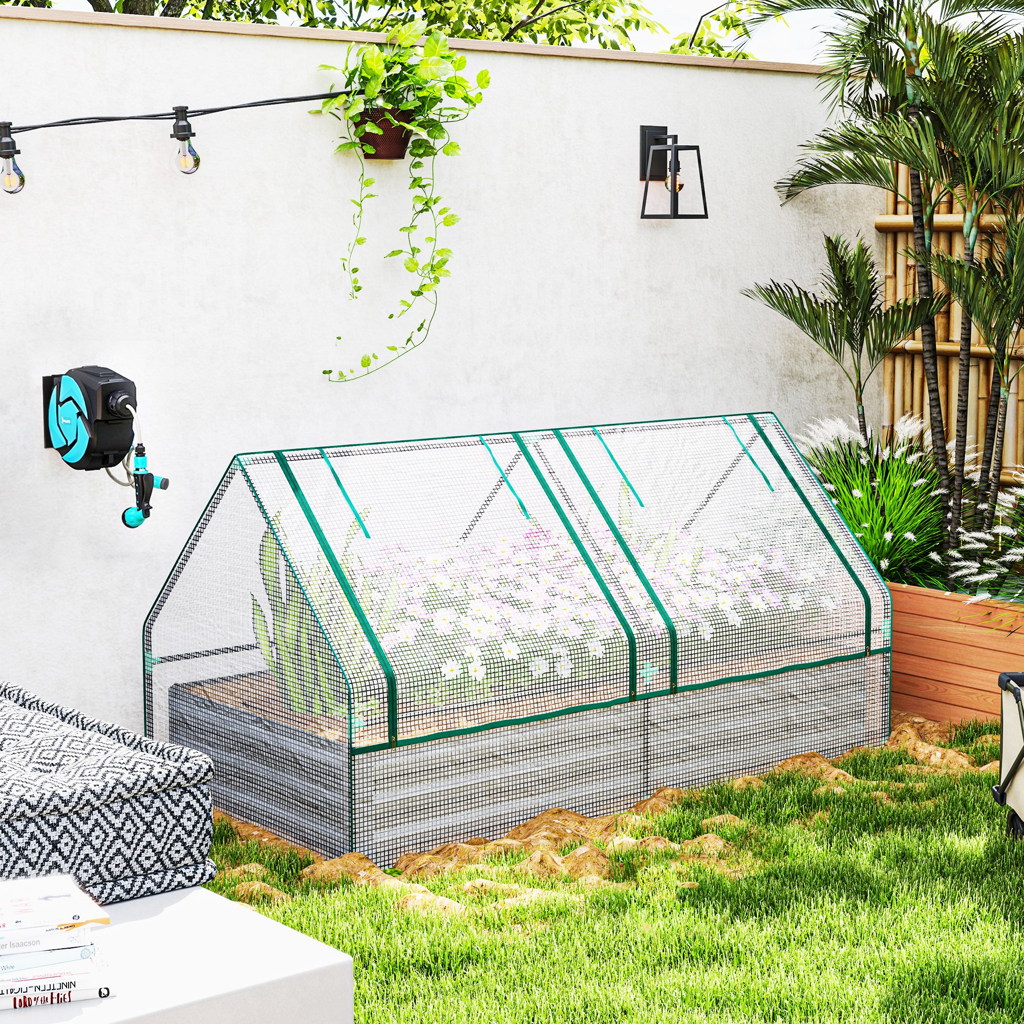 Outsunny Metal Planter Box with Cover, Raised Garden Bed with Greenhouse, for Herbs and Vegetables, White and Dark Grey 8