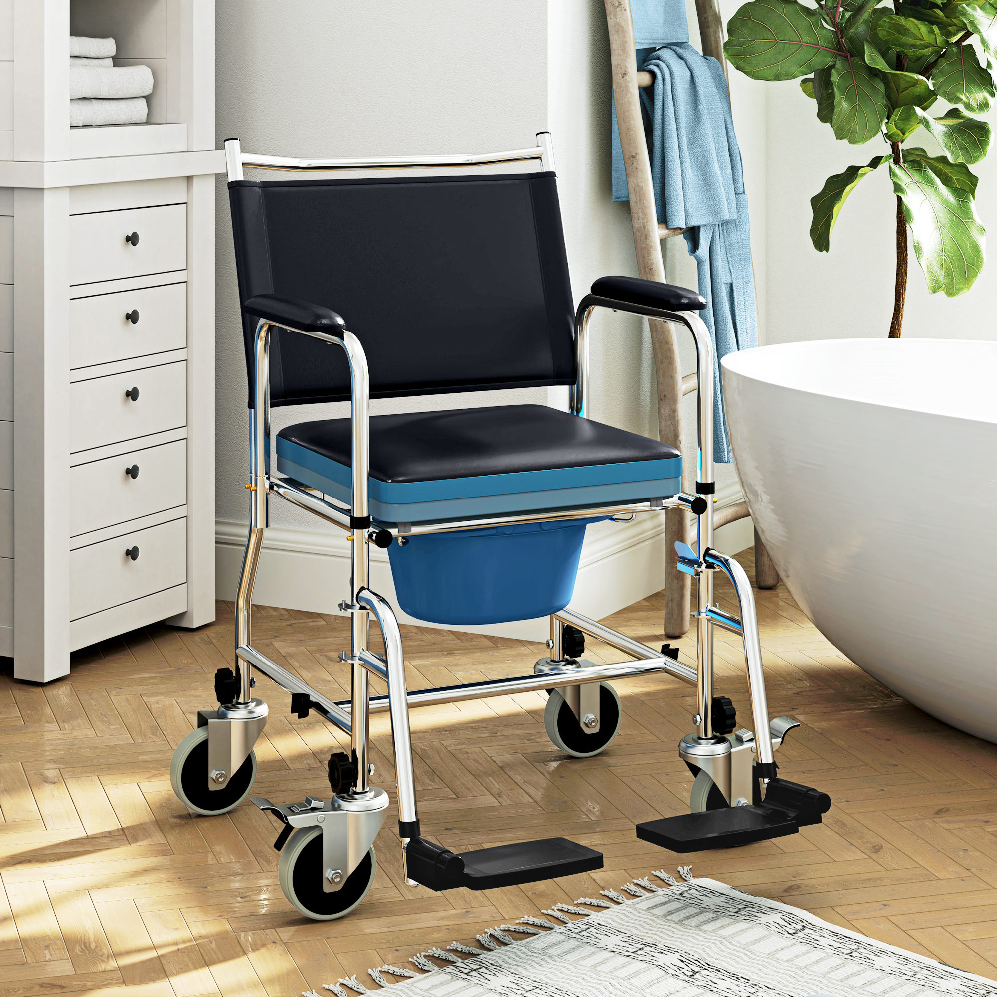 HOMCOM 3-In-1 Commode Wheelchair Black 2