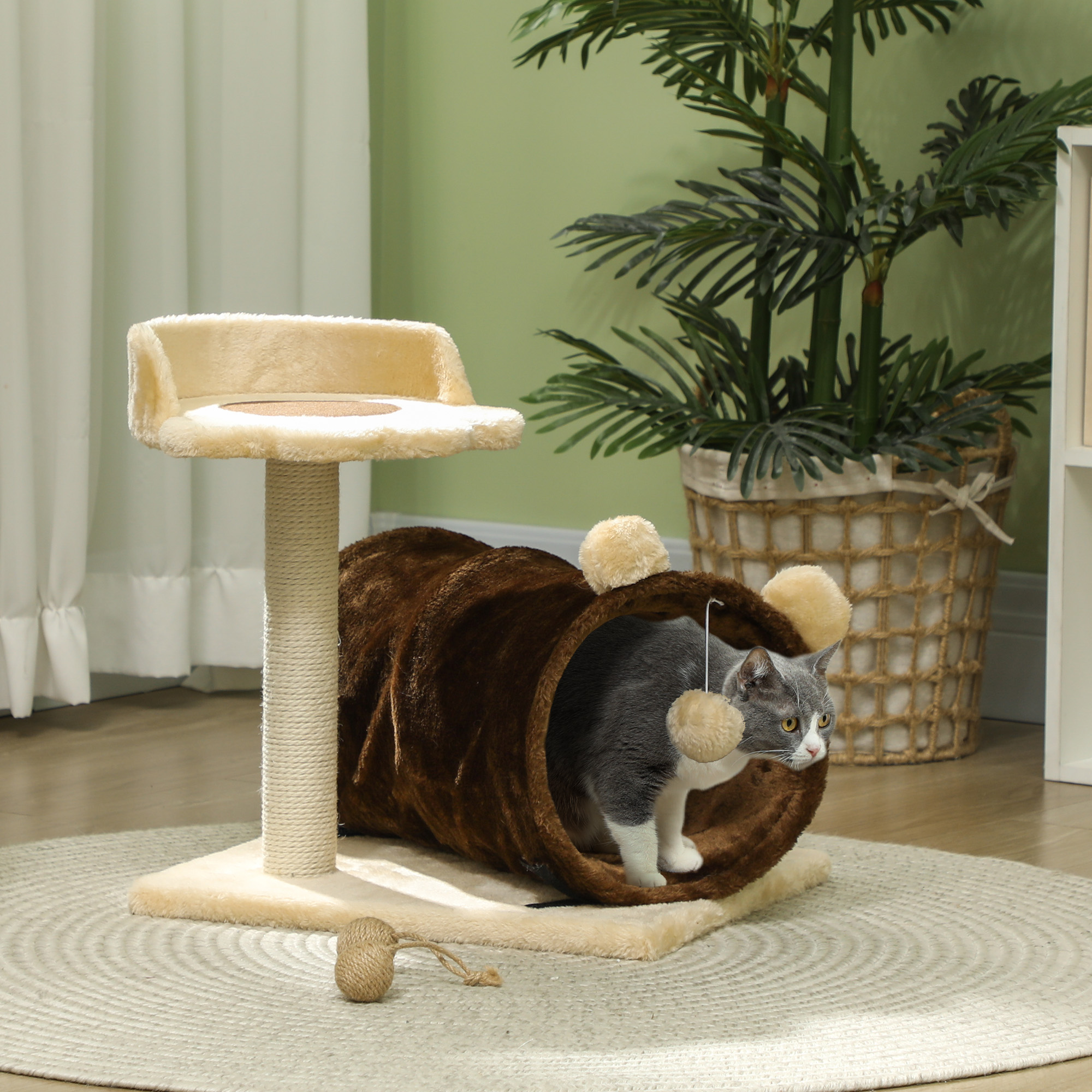 PawHut 47cm Small Cat Tree w/ Scratching Post, Bed, Cat Tunnel, Toy Ball, Dark Brown 2