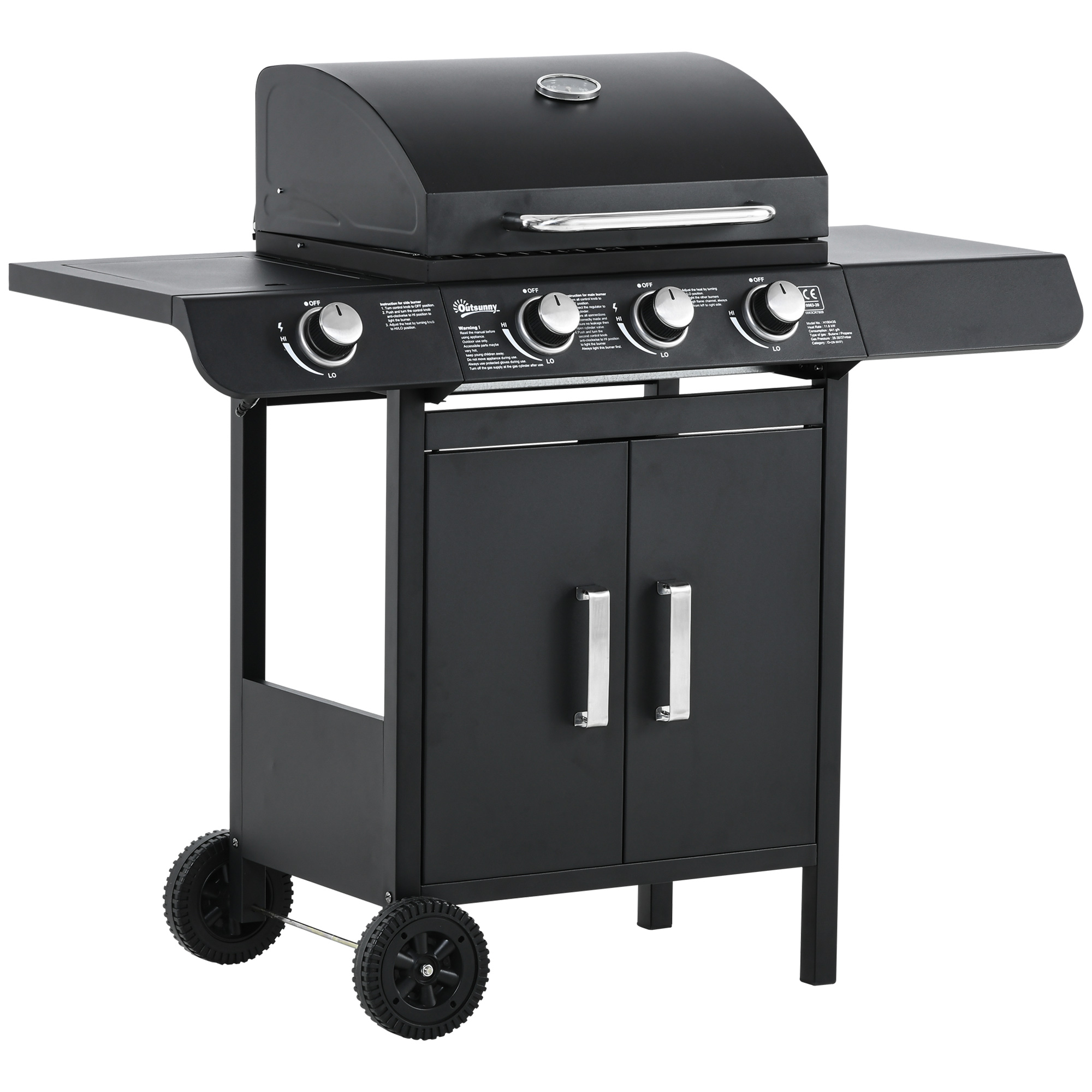 Outsunny Barbacoa de Gas BBQ con 3+1 Quemadores 11,6 KW 2 Mesas Laterales Armario de 2 Puertas Termómetro Acero 110x50x100 cm   Aosom España