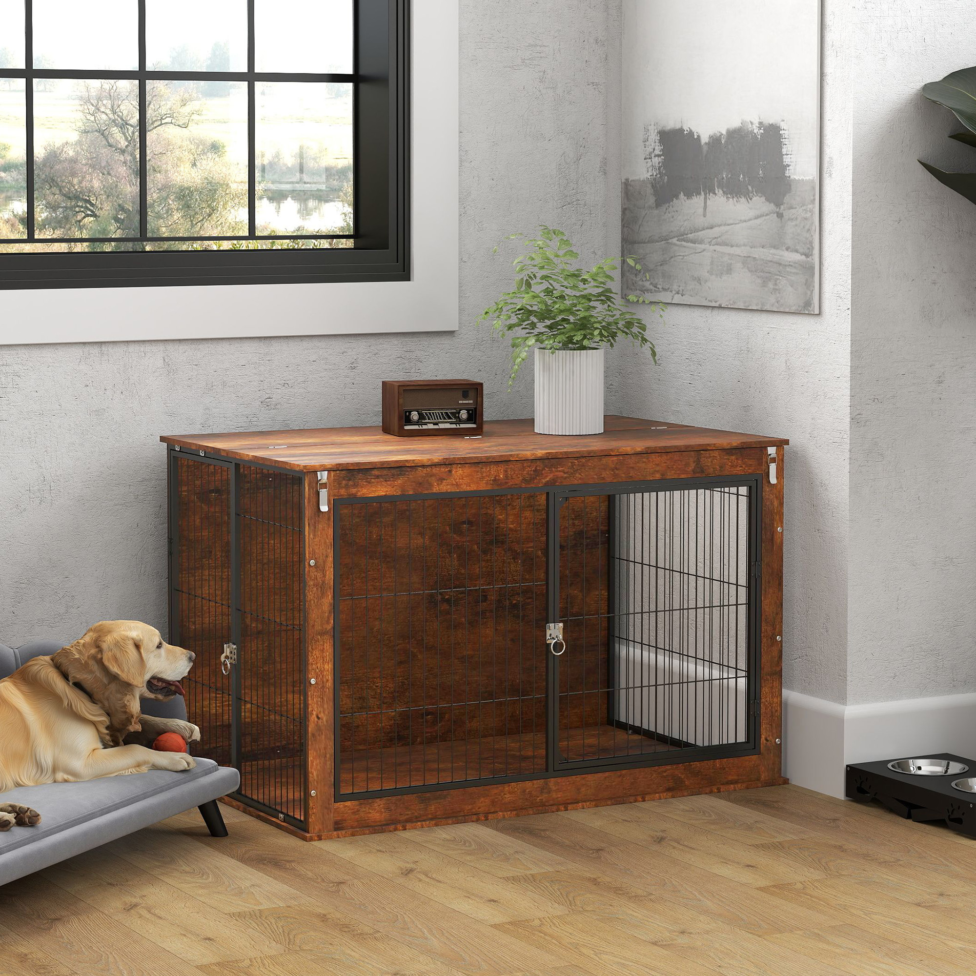 PawHut Dog Crate Furniture with Openable Top, Two Doors, for Extra Large Dogs, Rustic Brown 2
