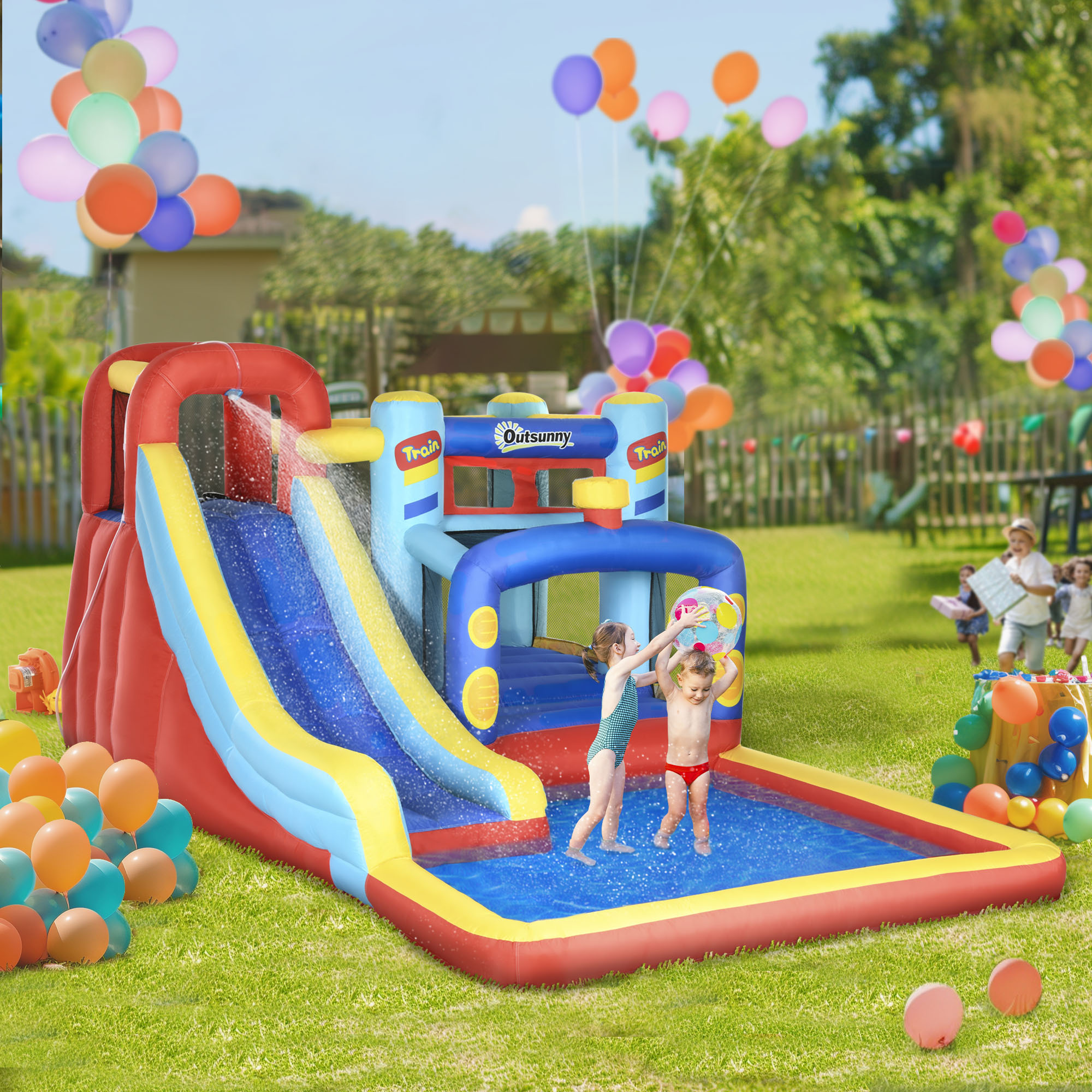 Outsunny 4-in-1 Bouncy Castle, with Slide, Trampoline, Climbing Wall, Blower, Multicoloured