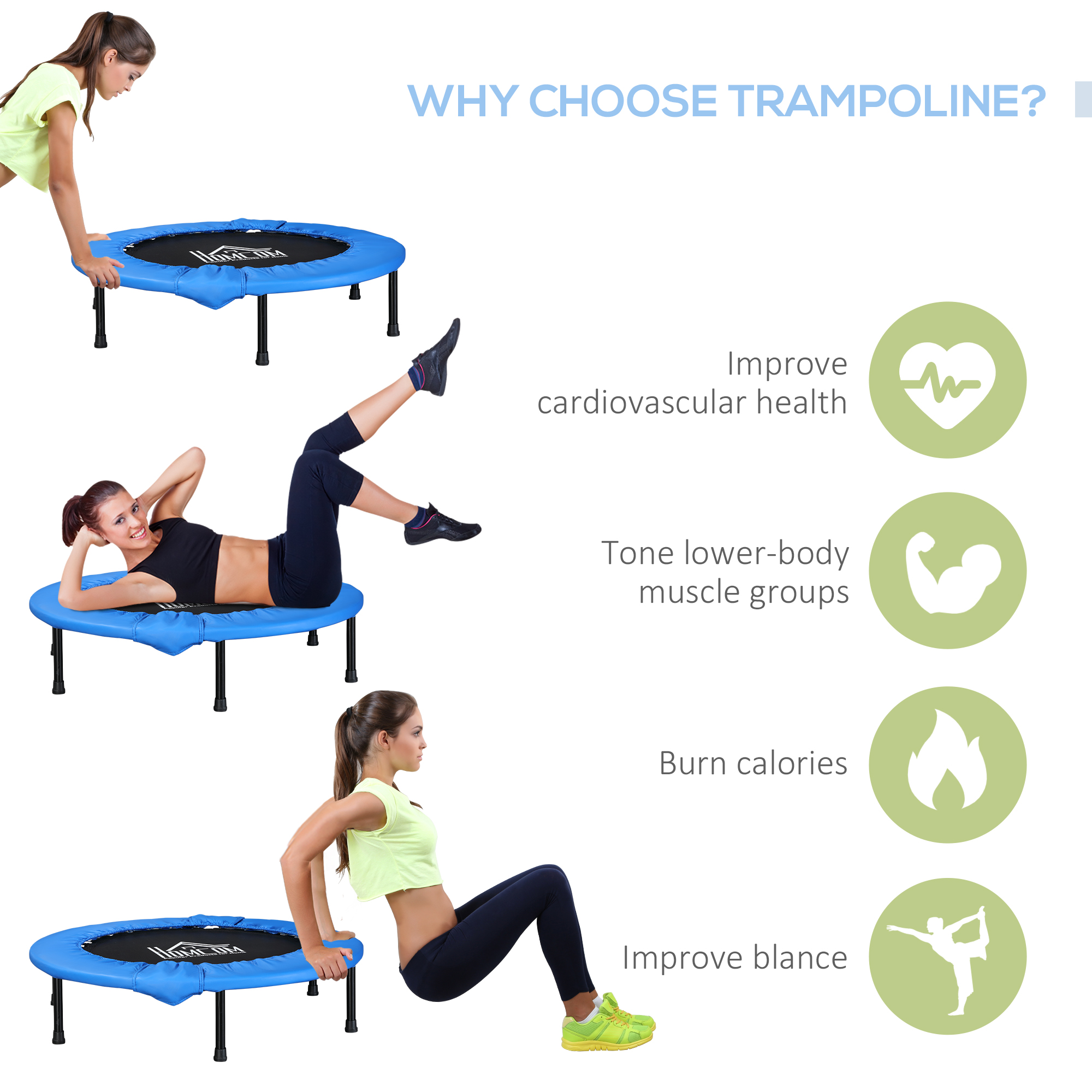 HOMCOM Φ96cm Mini Fitness Trampoline Home Gym Yoga Exercise Rebounder Indoor Outdoor Jumper with Safety Pad, Support Up to 100 KG, Blue and Black 5
