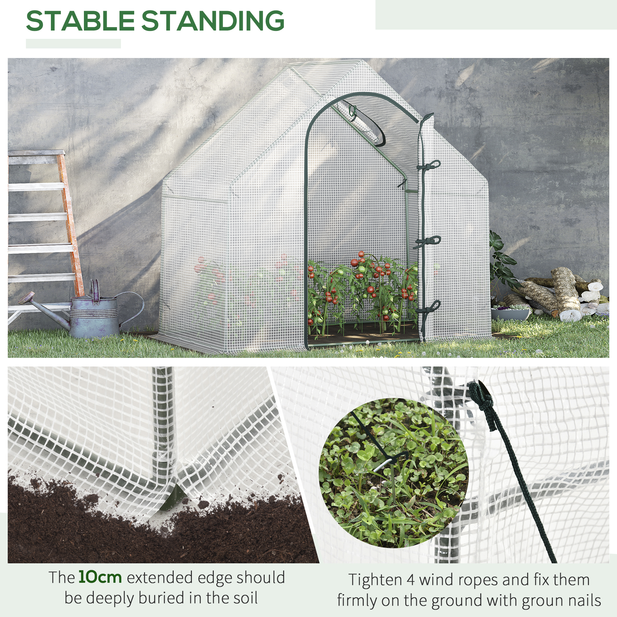 Outsunny Walk In Tomato Greenhouse Garden Outdoor Mini Greenhouse Flower Planter Steel Frame with Zipped Door & Window, PE Cover, 180 x 100 x 168CM,  White 6