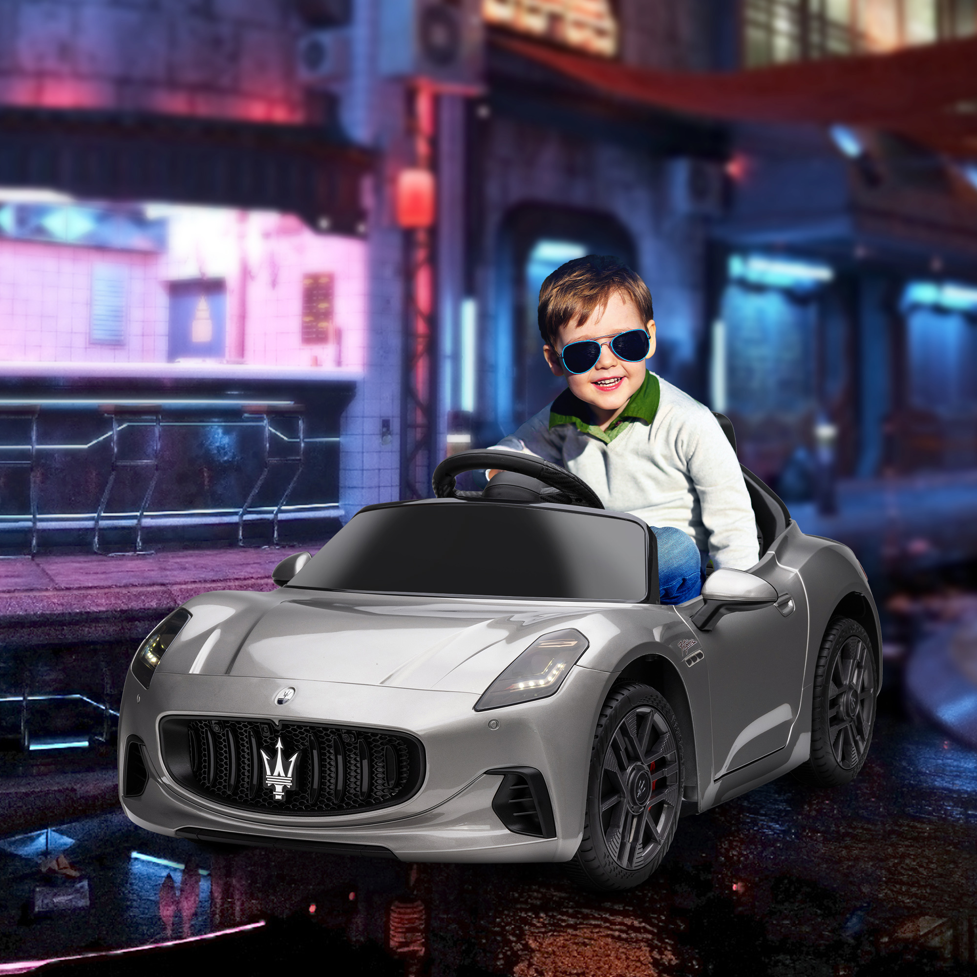 AIYAPLAY 12V Maserati Gran Turismo Folgore Lincesed Kids Electric Car with Remote Control, Soft Start, Grey 2
