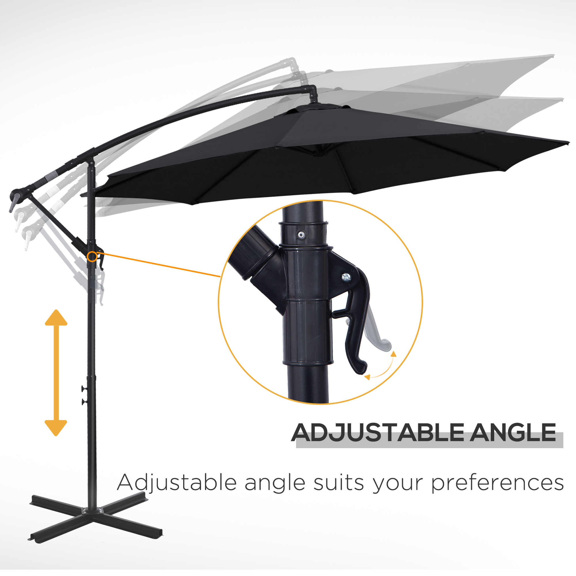 Outsunny 2.45m Overhanging Cantilever Parasol, Heavy Duty Waterproof Garden Umbrella with Cross Base, Black 6