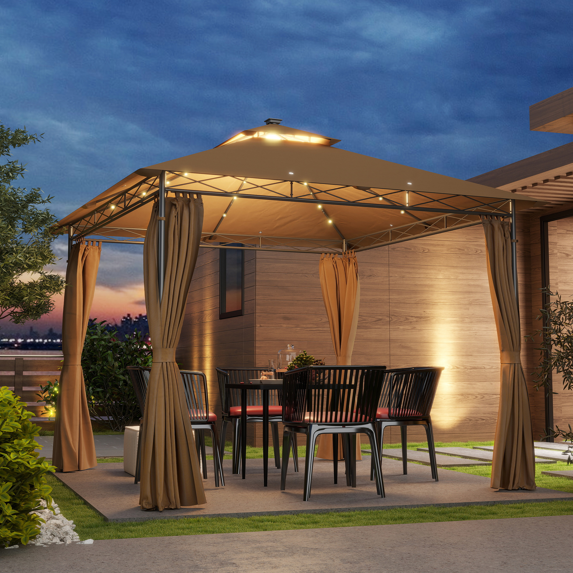 Outsunny 3 x 3 m Solar LED Metal Gazebo Brown 2