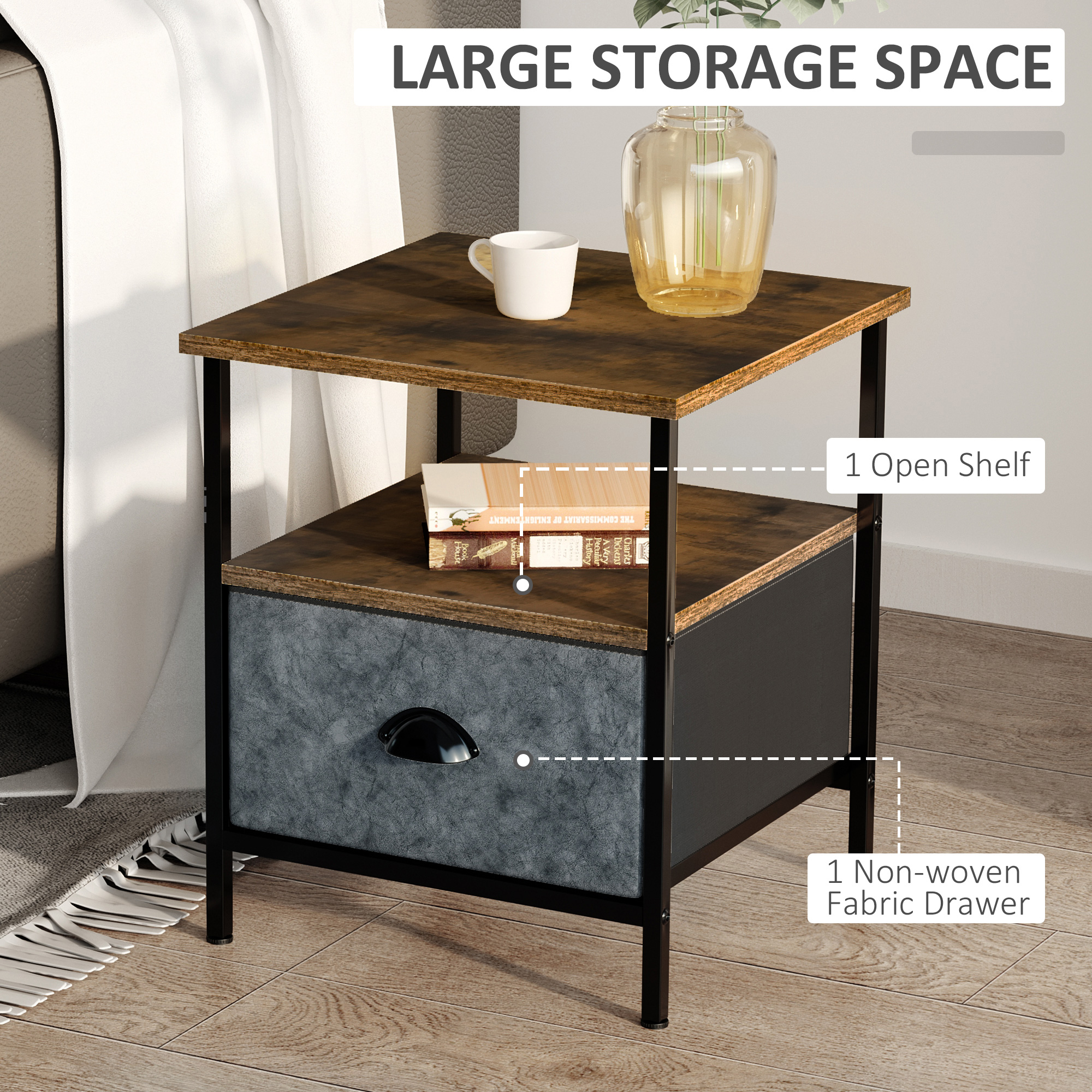 HOMCOM Set of 2 Bedside Table, Nightstand with Non-Woven Fabric Drawer, Side Table, End Table for Living room, Bedroom, Rustic Brown 5