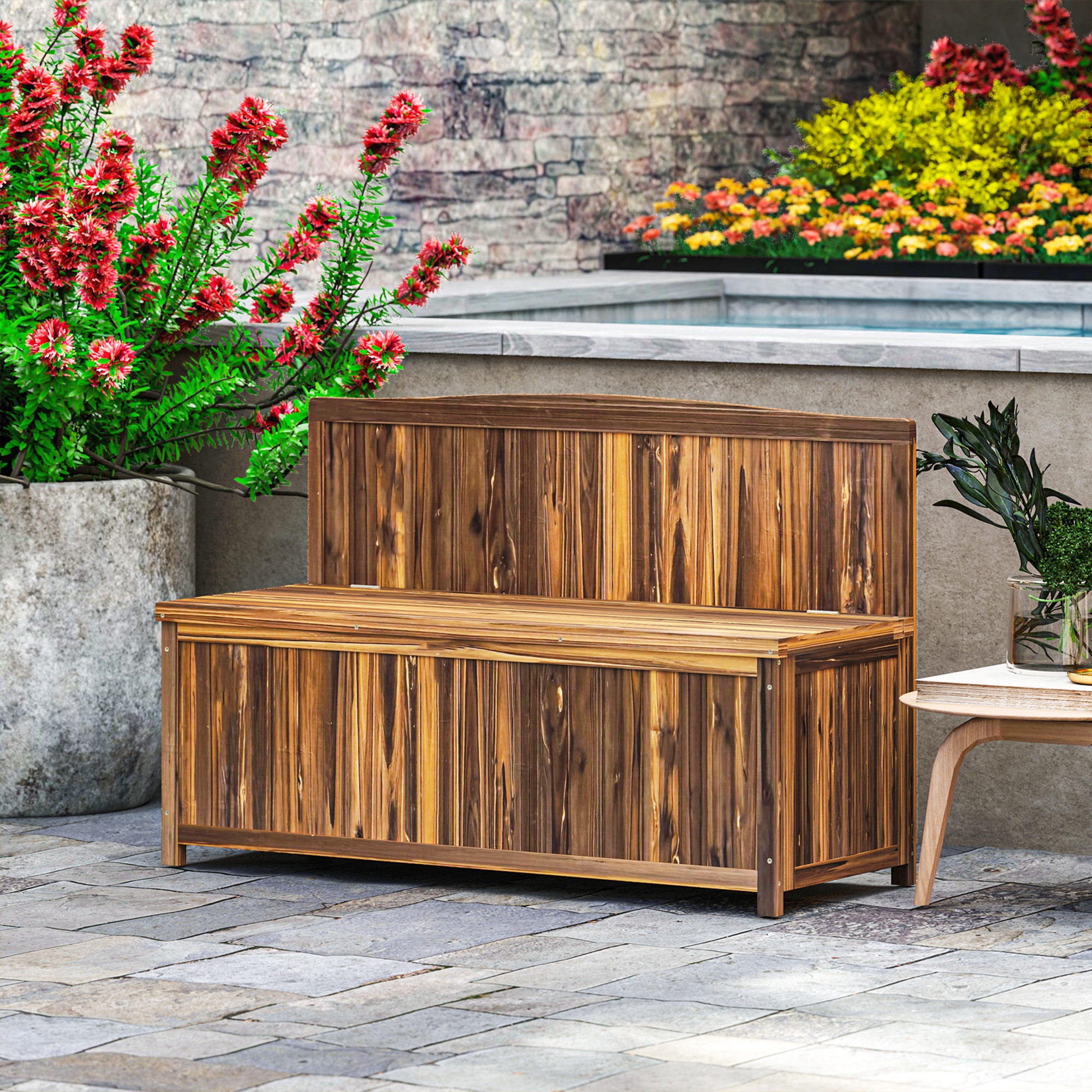 Outsunny Wood Storage Bench for Patio Furniture, Outdoor Garden Seating Tools, Brown 2