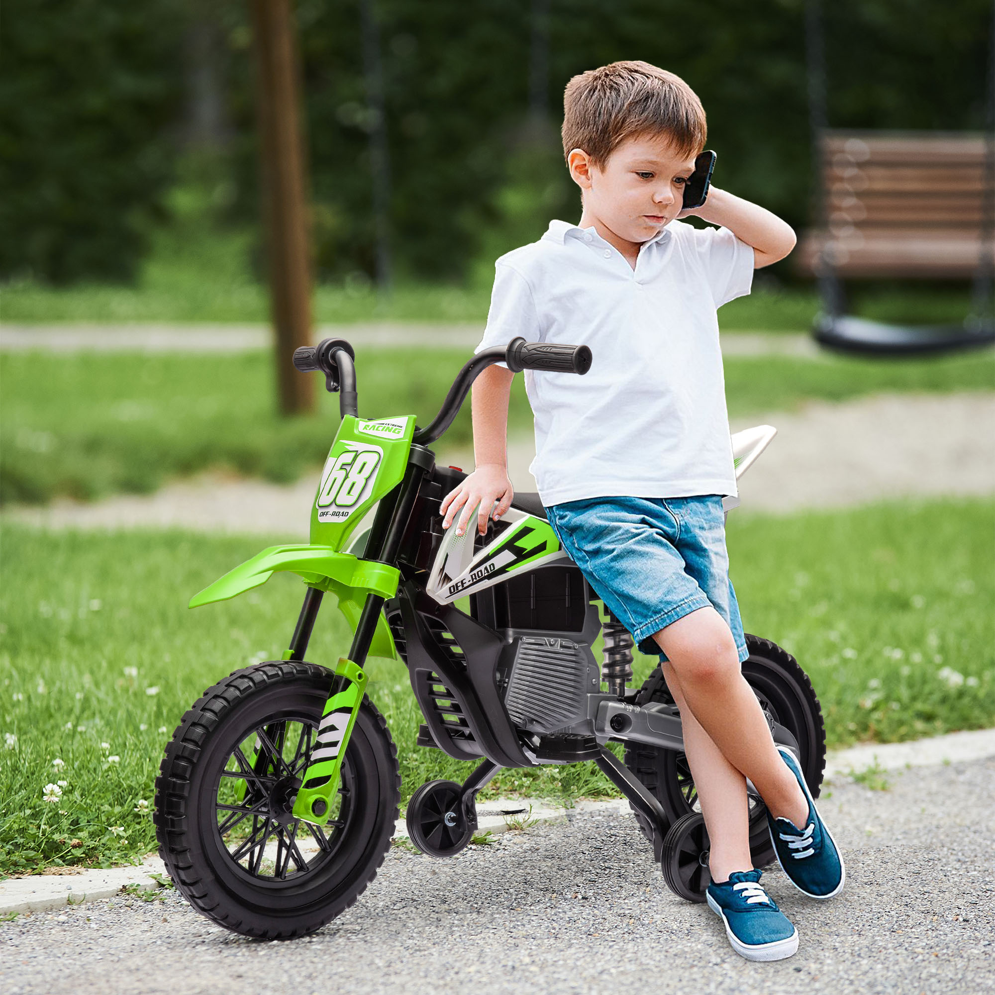 AIYAPLAY 12V Kids Electric Motorbike, Kids Electric Ride on motorcycle w/ Twist Grip Throttle, Training Wheels, Green 2