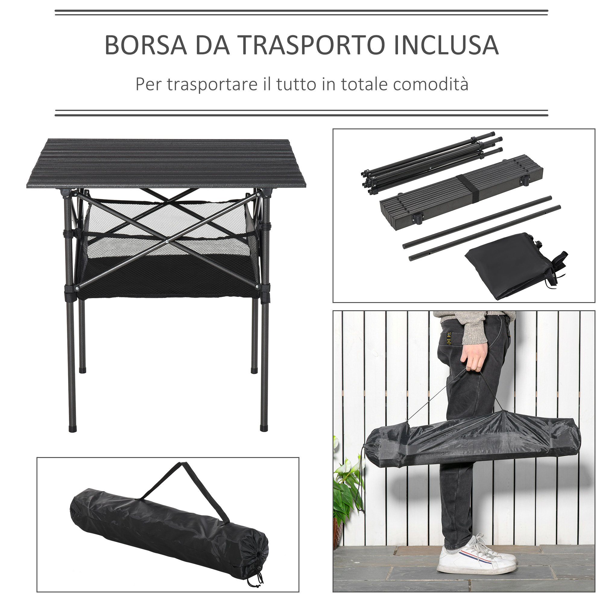 CPROSP Tavolo da Campeggio Portatile Pieghevole 90 * 40cm, da Picnic per Esterni Nero, Altezza Regolabile 26-70cm con Rete di Contenimento, Borsa per Il Trasporto Inclusa in Alluminio MDF 4 Persone