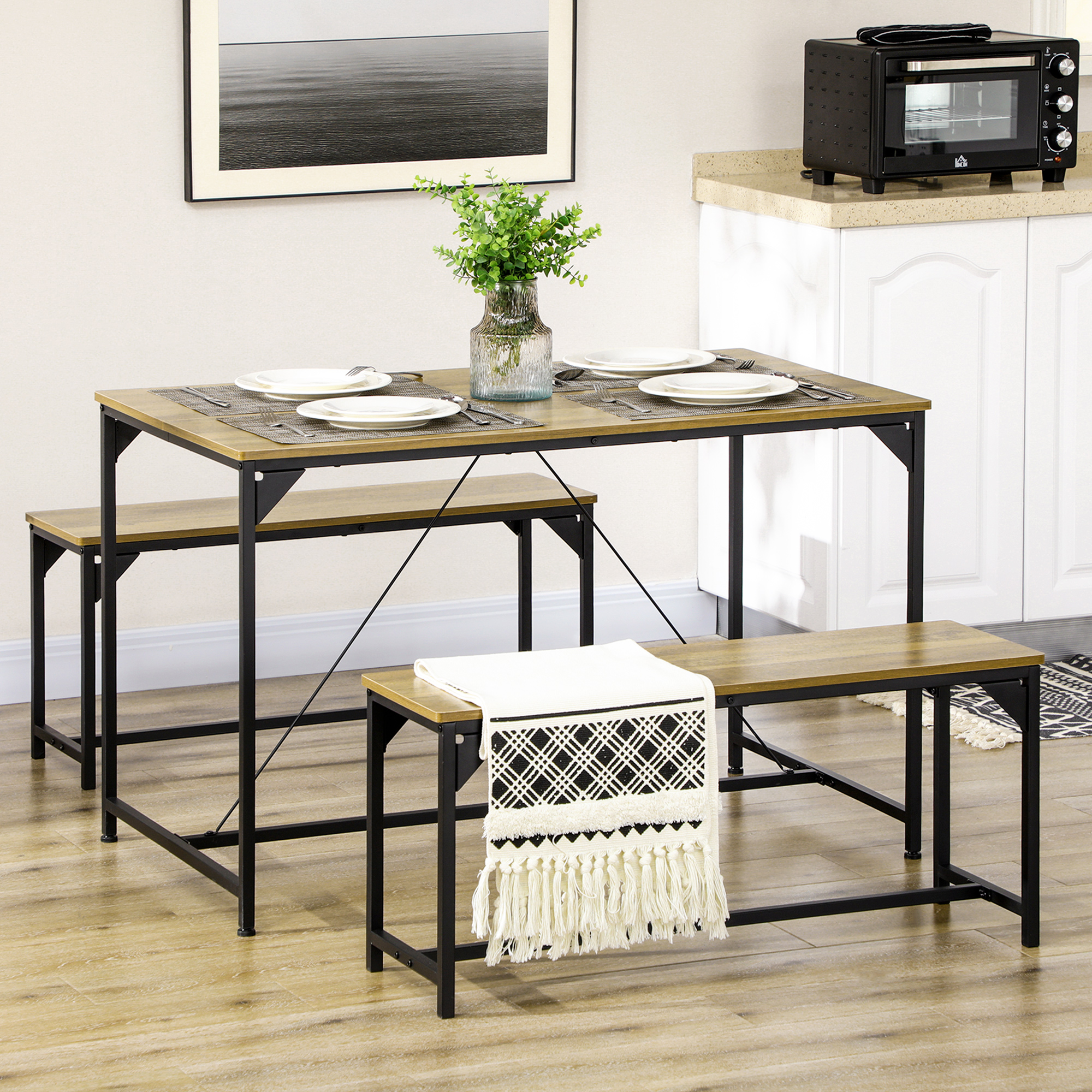 HOMCOM Dining Table and Bench Set for 4, Kitchen Table with 2 Benches, Space Saving Dining Room Sets, Natural 2