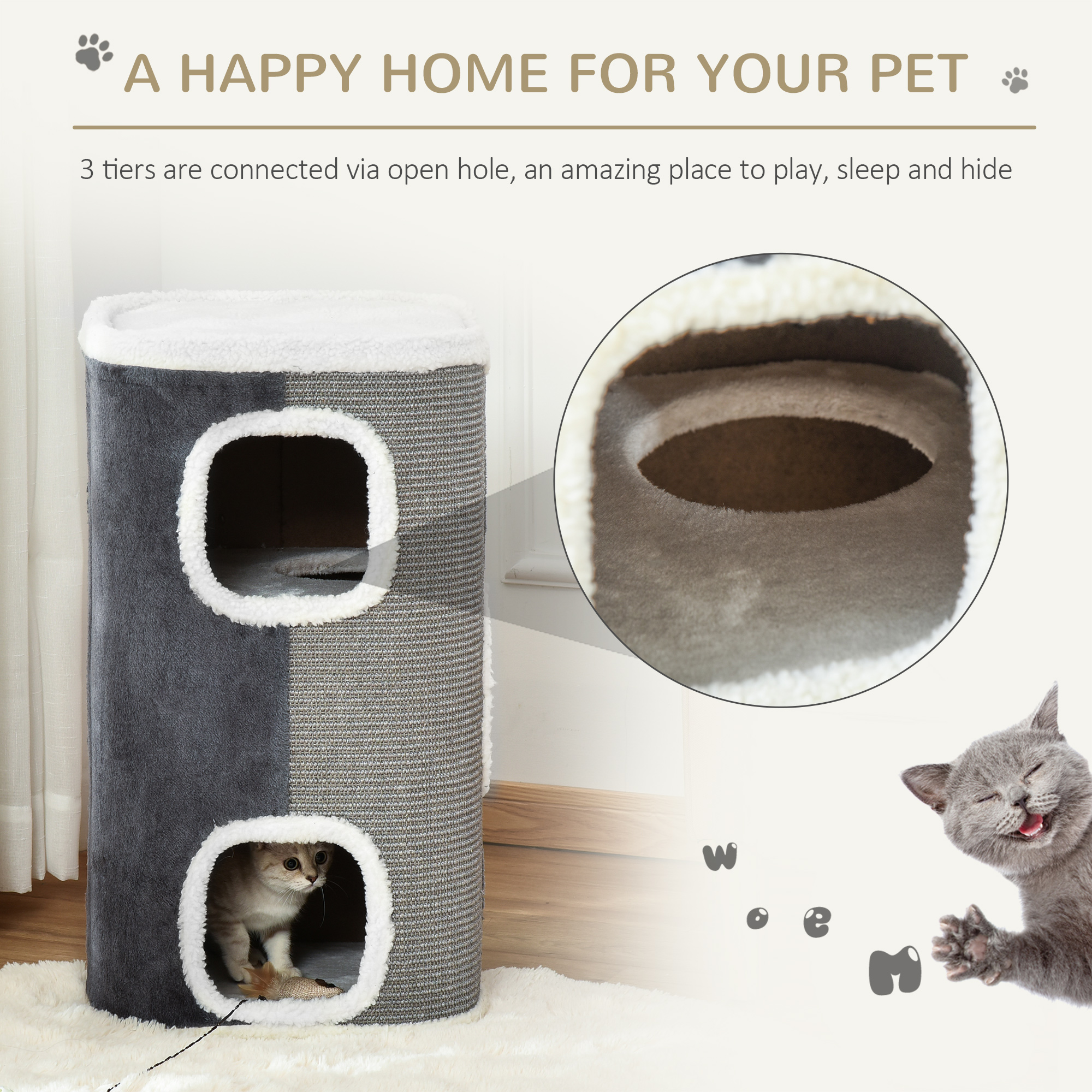 PawHut Sisal Cat Barrel with Soft Plush & Lamb Fleece Grey 4