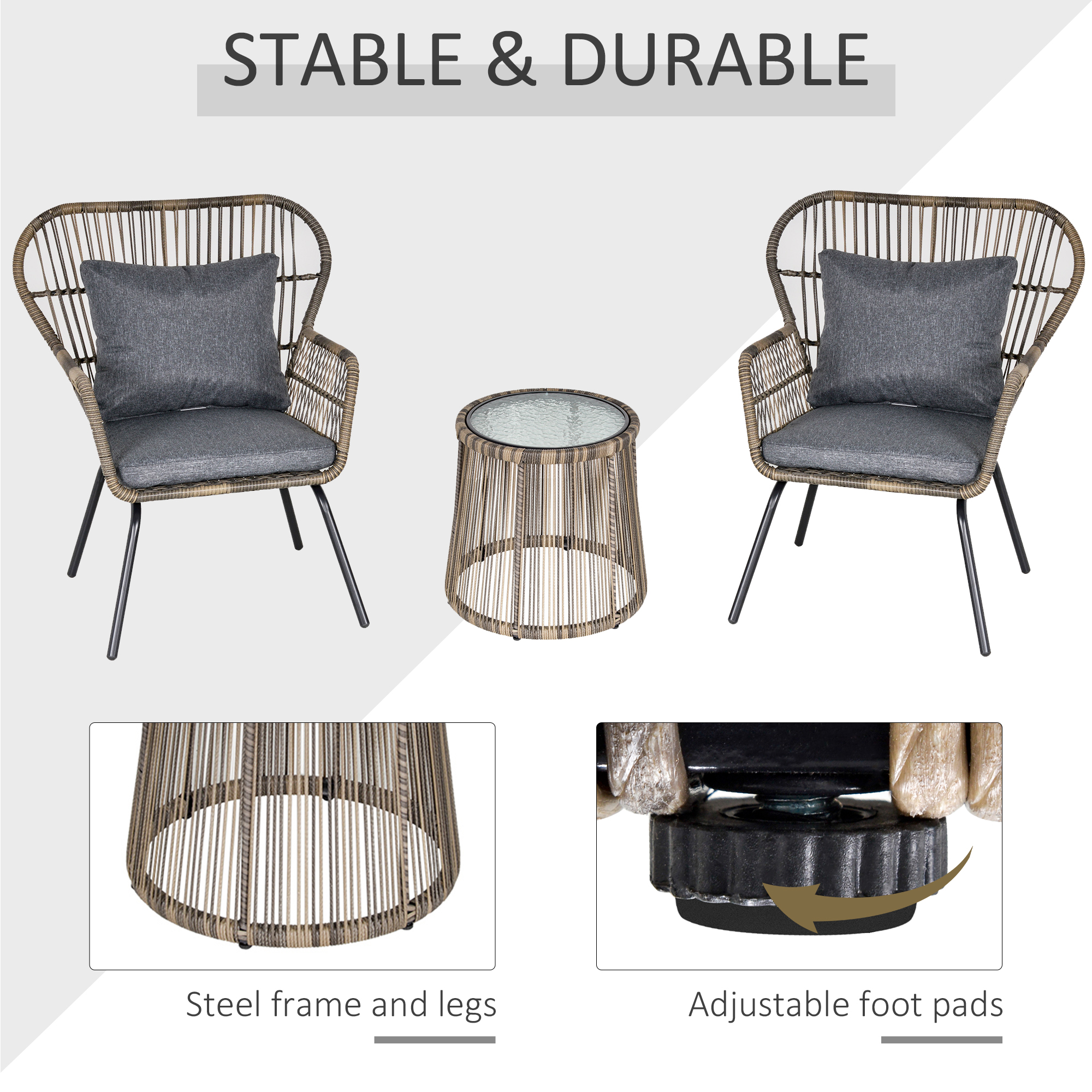Outsunny 3 Pieces Rattan Bistro Set, Wicker Garden Furniture Set with Cushions, Glass Top Coffee Table and Chairs for Outdoor, Patio, Balcony, Grey 6
