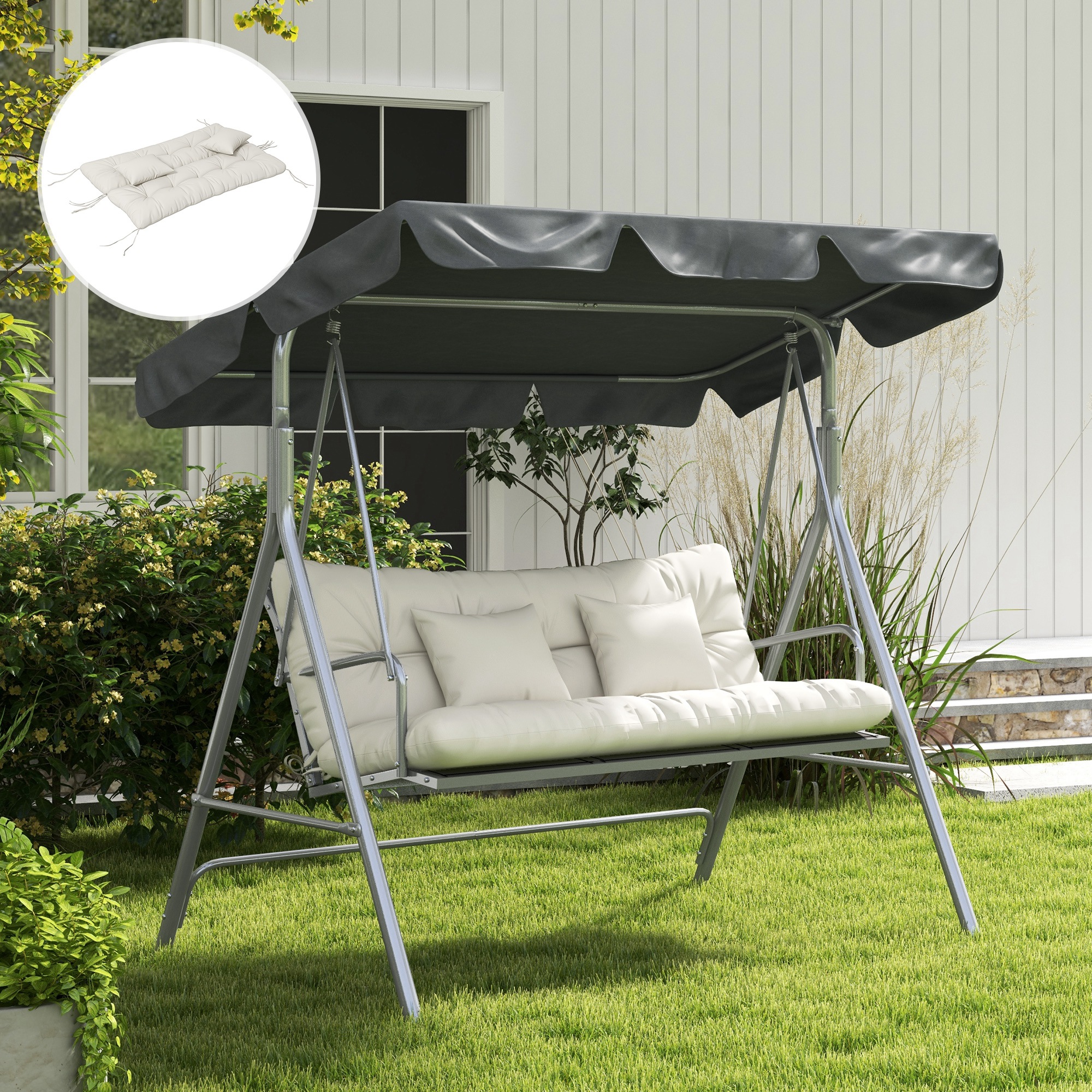 Outsunny Back and Seat Cushion Replacement with 2 Pillows, Patio Chair Cushions Set with Ties, White 7
