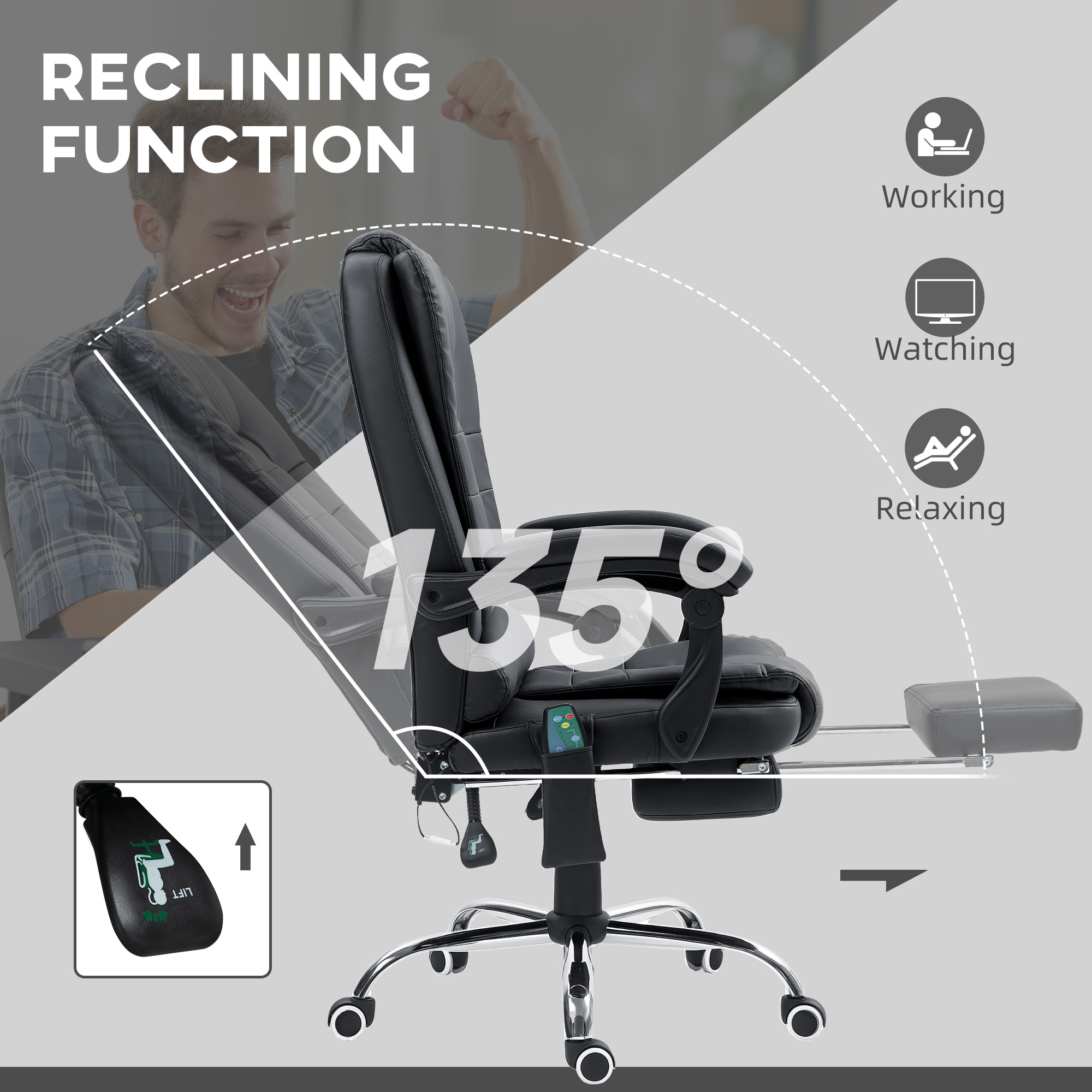 Vinsetto Office Chair with 6 Point Massage and Back Heat, PU Desk Chair with Footrest Adjustable Height and Swivel Wheels, Back Reclining, Black 5