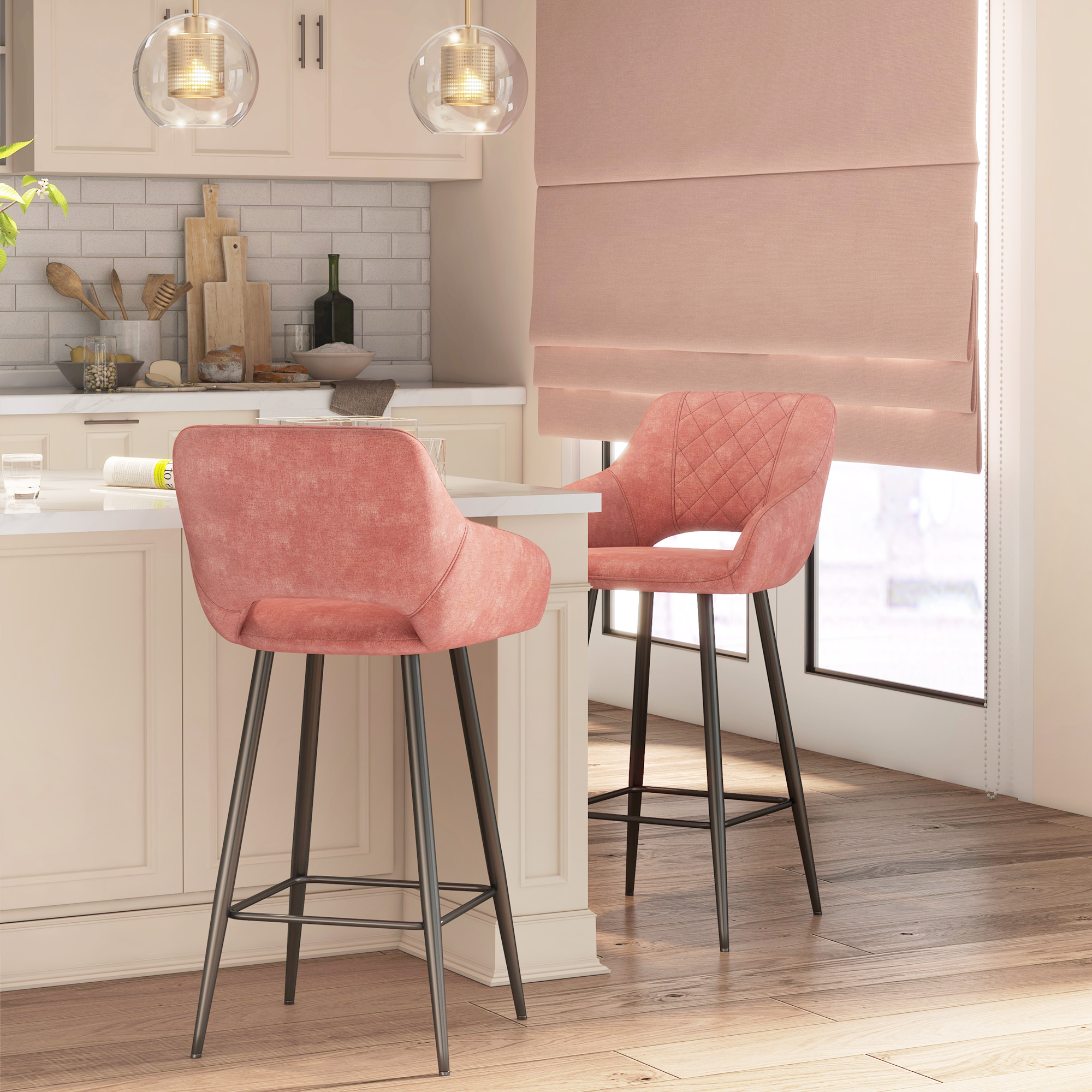 HOMCOM Set of Two Velvet-Feel Bar Stools Pink 8