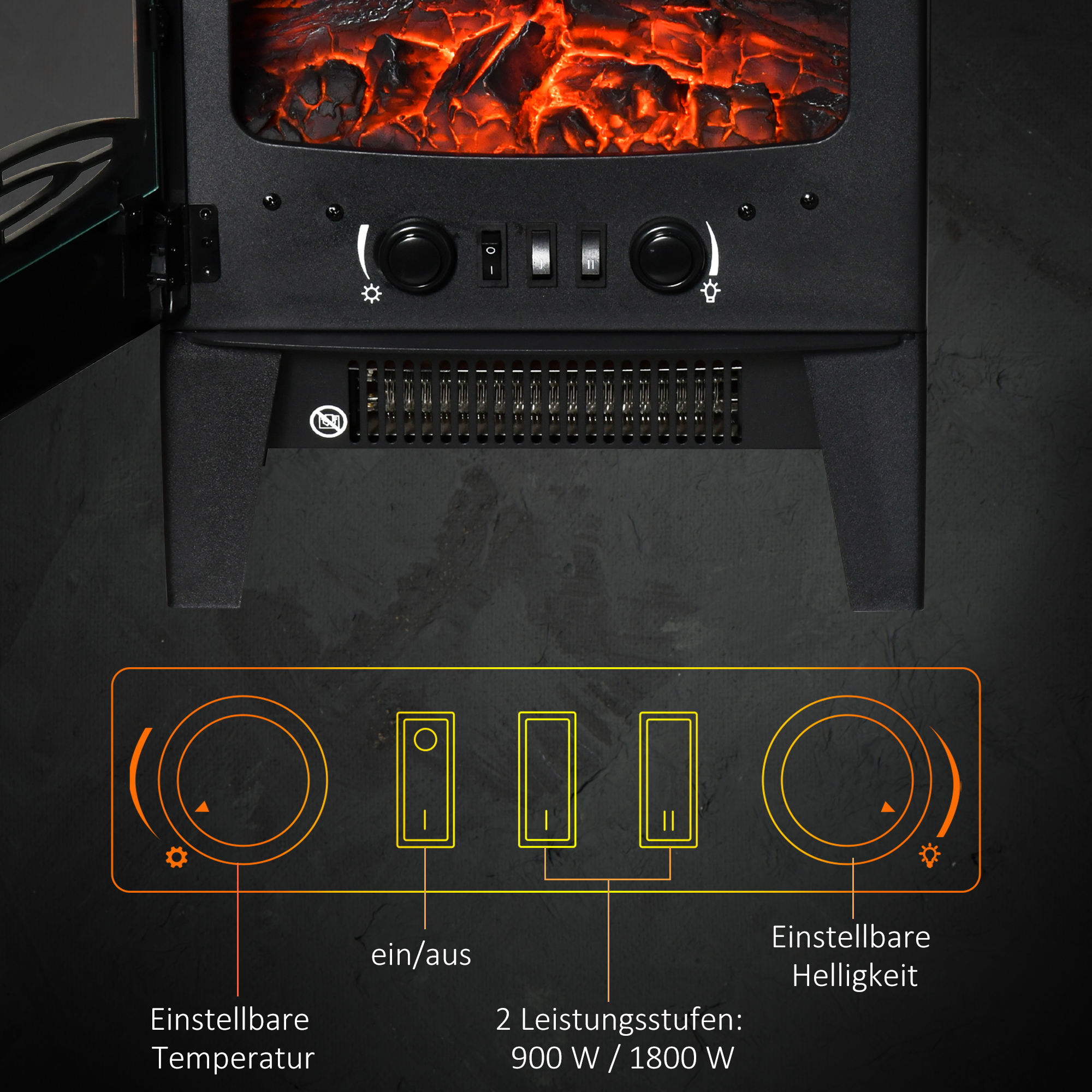 HOMCOM Camino Elettrico 1800W Con Fiamma A 3 Intensità E - 4