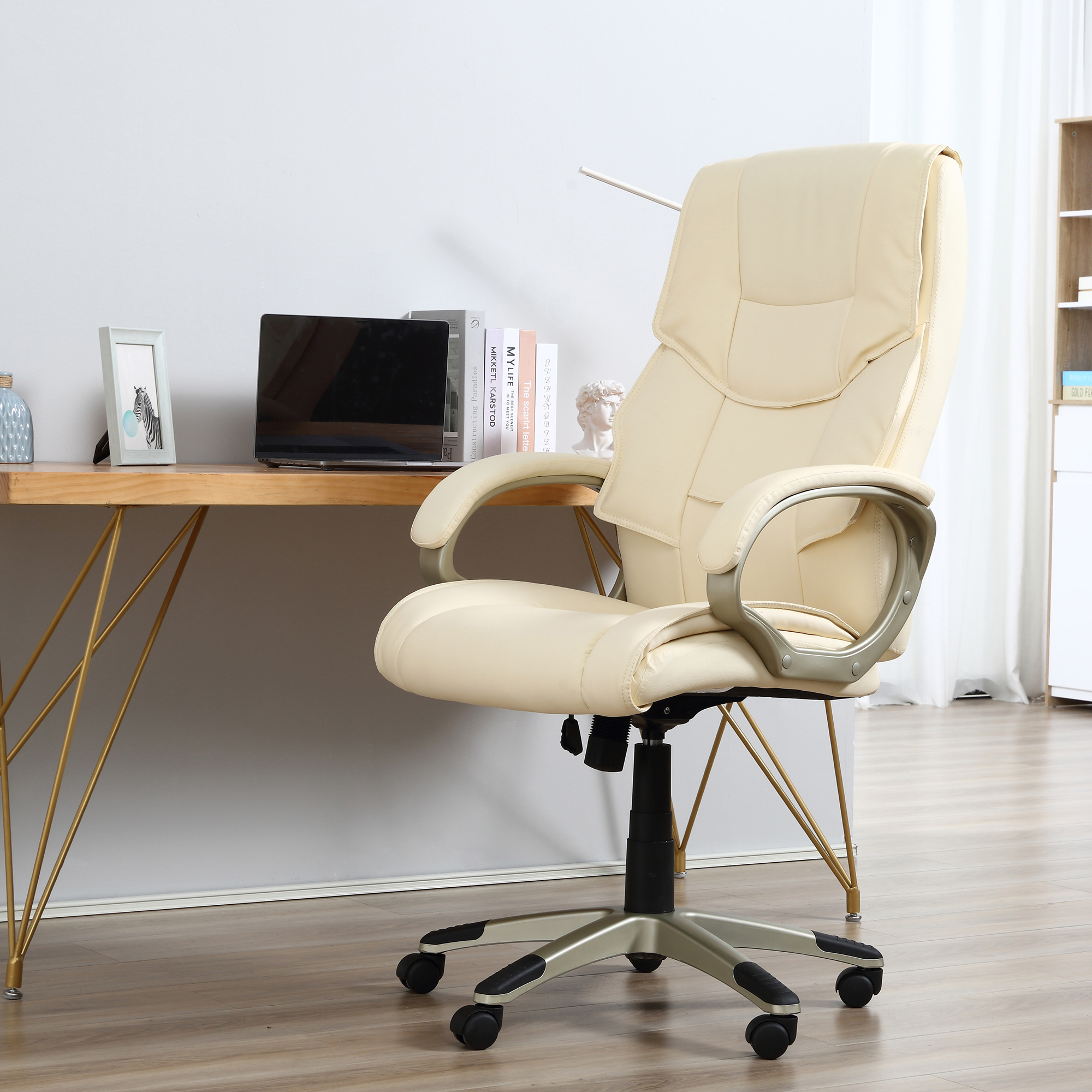 HOMCOM Home Office Chair High Back Computer Desk Chair with Faux Leather Adjustable Height Rocking Function Cream White 2