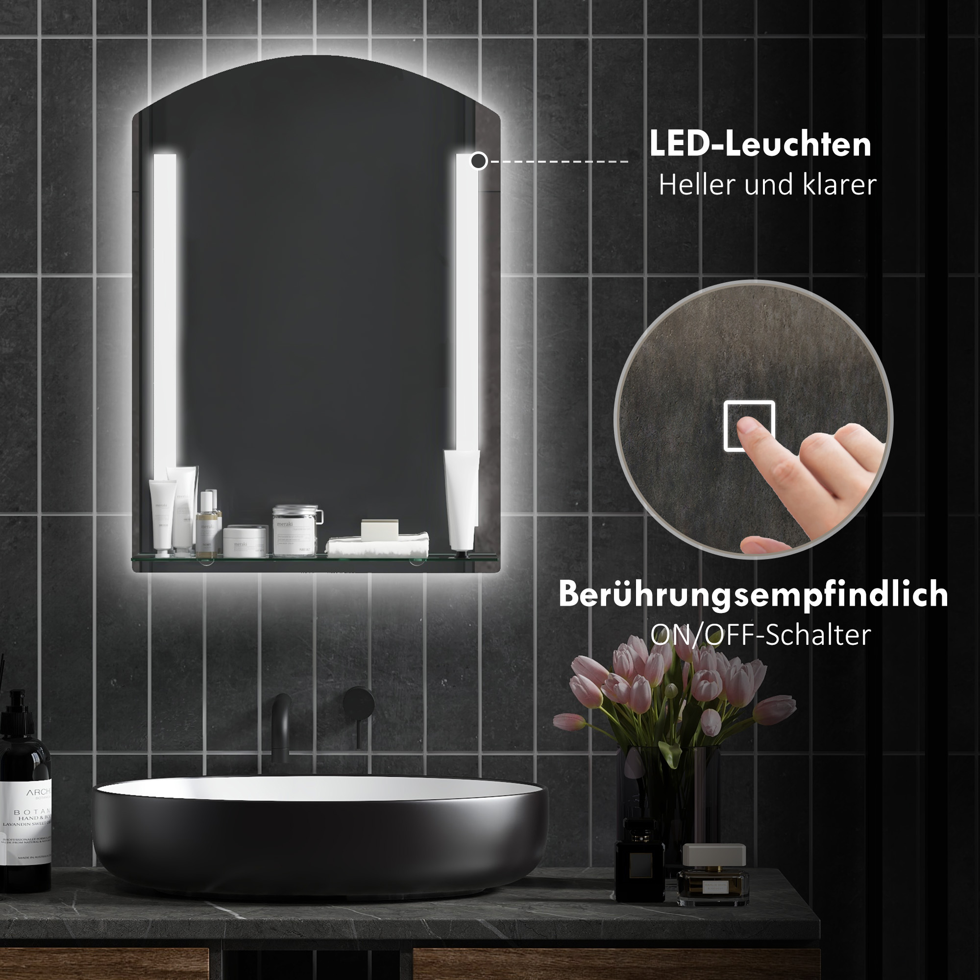 Vannitoa peegel LED-valgustusega, elegantne ja kvaliteetne, klaas, alumiinium, plastik, 50P x 12L x 70K cm